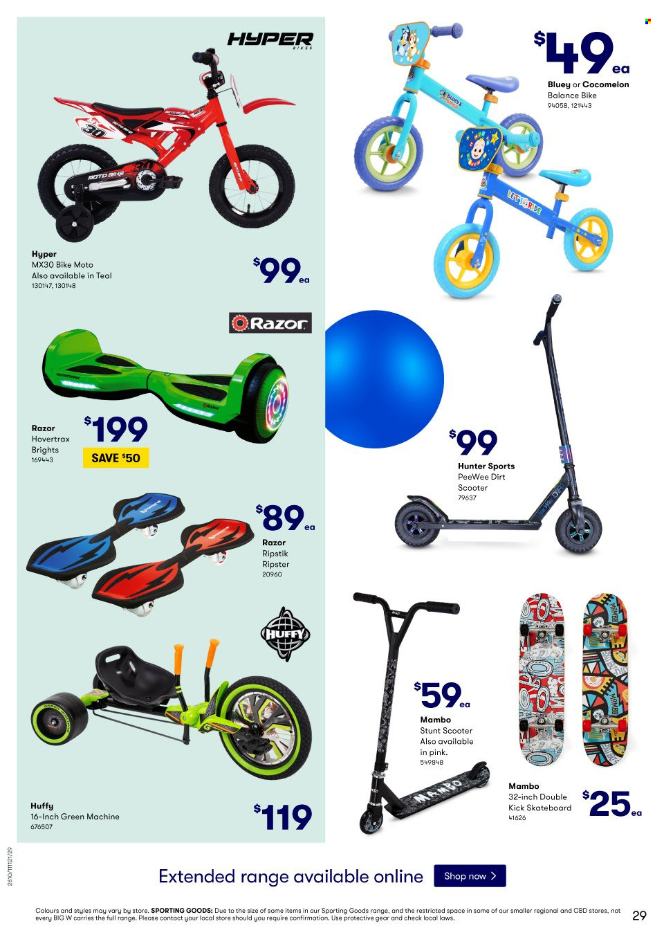 thumbnail - BIG W Catalogue - Sales products - razor, Hunter, skateboard. Page 29.
