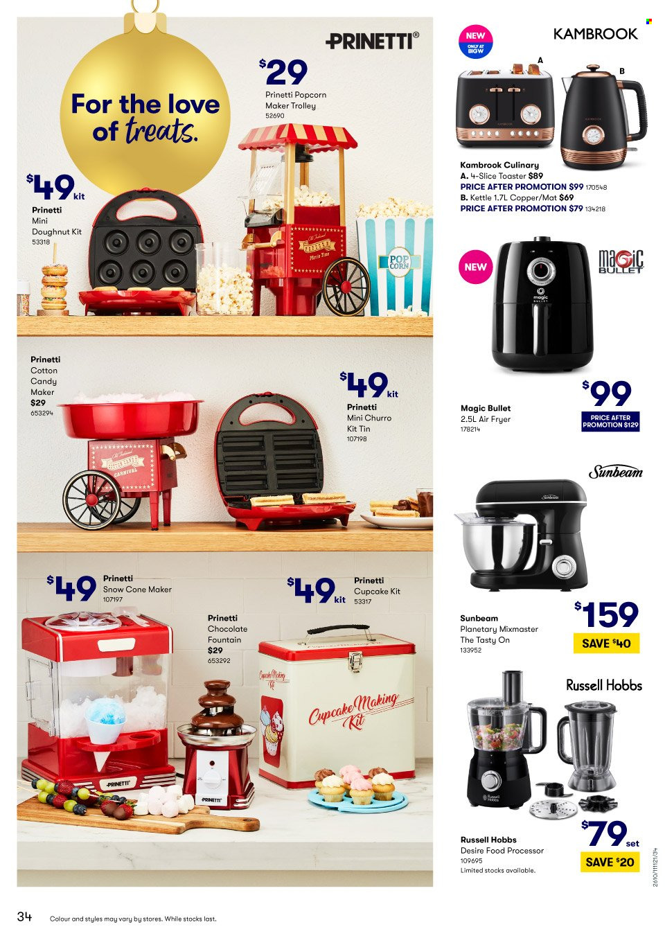 thumbnail - BIG W Catalogue - Sales products - chocolate, cotton candy, kettle, trolley, Sunbeam, Prinetti, Kambrook, air fryer, Russell Hobbs, food processor, toaster. Page 34.