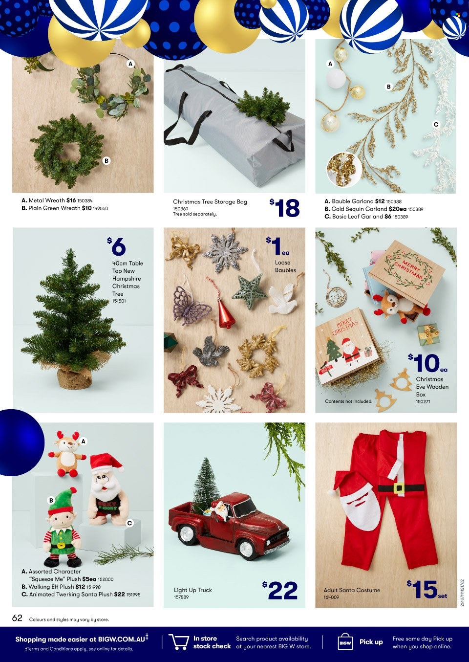 thumbnail - BIG W Catalogue - Sales products - Santa, storage bag, bauble, table, Elf, wreath, christmas tree, garland, costume. Page 62.