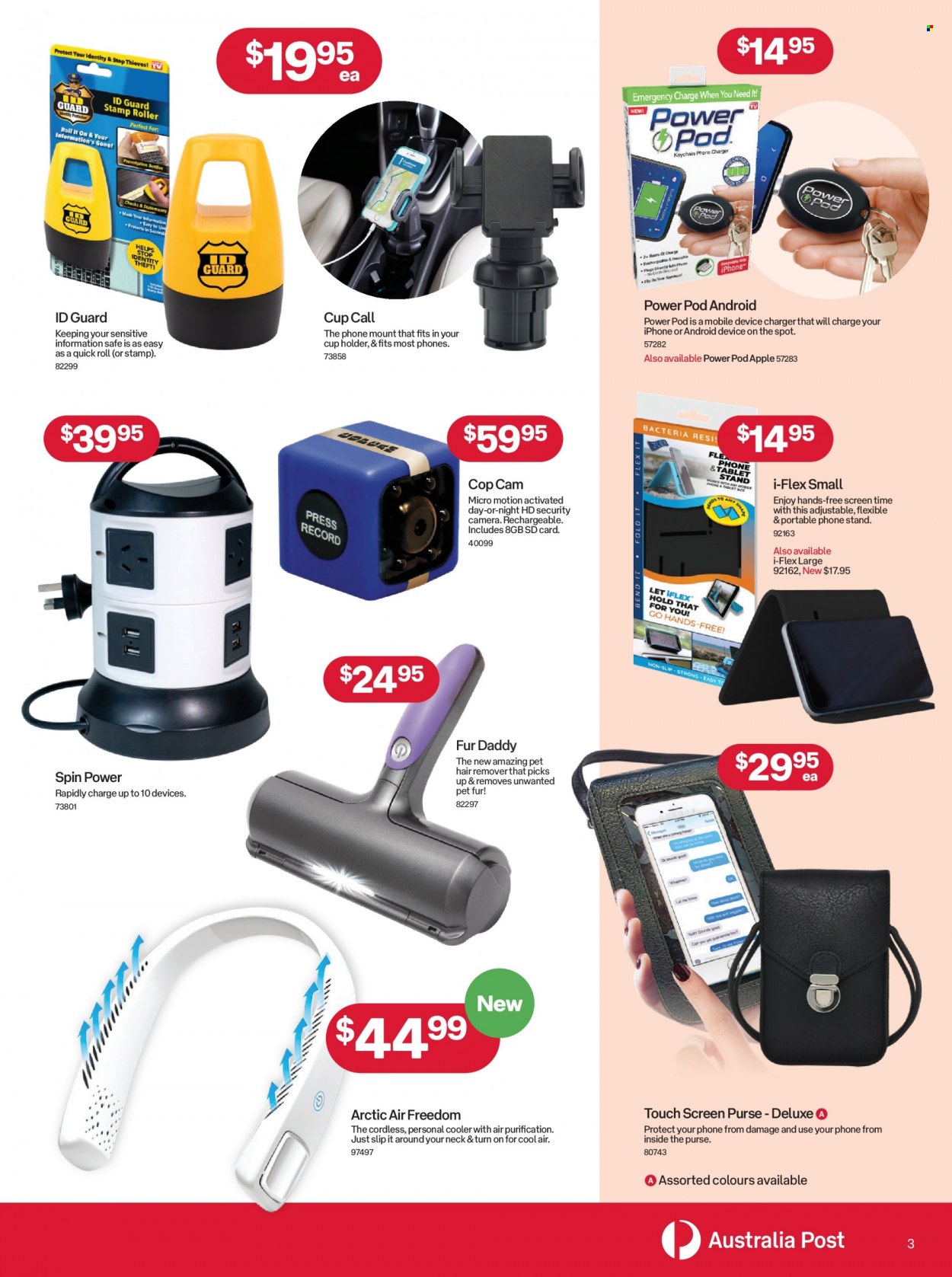 thumbnail - Australia Post Catalogue - 8 Nov 2021 - 28 Nov 2021 - Sales products - Apple, tablet, cup, security camera, iPhone, memory card, mobile phone holder, phone charger, tablet stand, spin power, camera, roller. Page 3.
