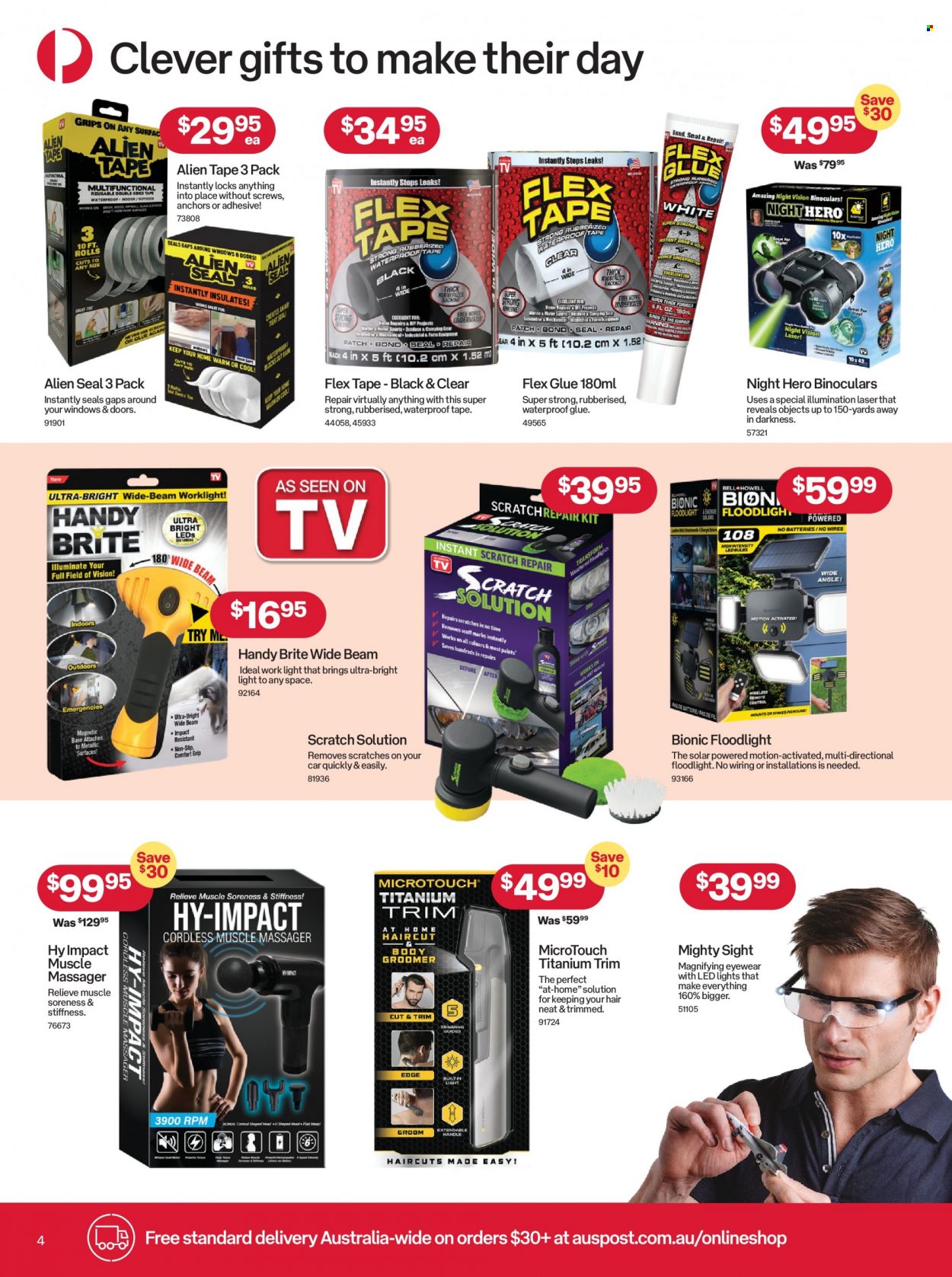 thumbnail - Australia Post Catalogue - 8 Nov 2021 - 28 Nov 2021 - Sales products - Brite, flex glue, glue, TV, remote control, massager, LED light, work light, floodlight. Page 4.