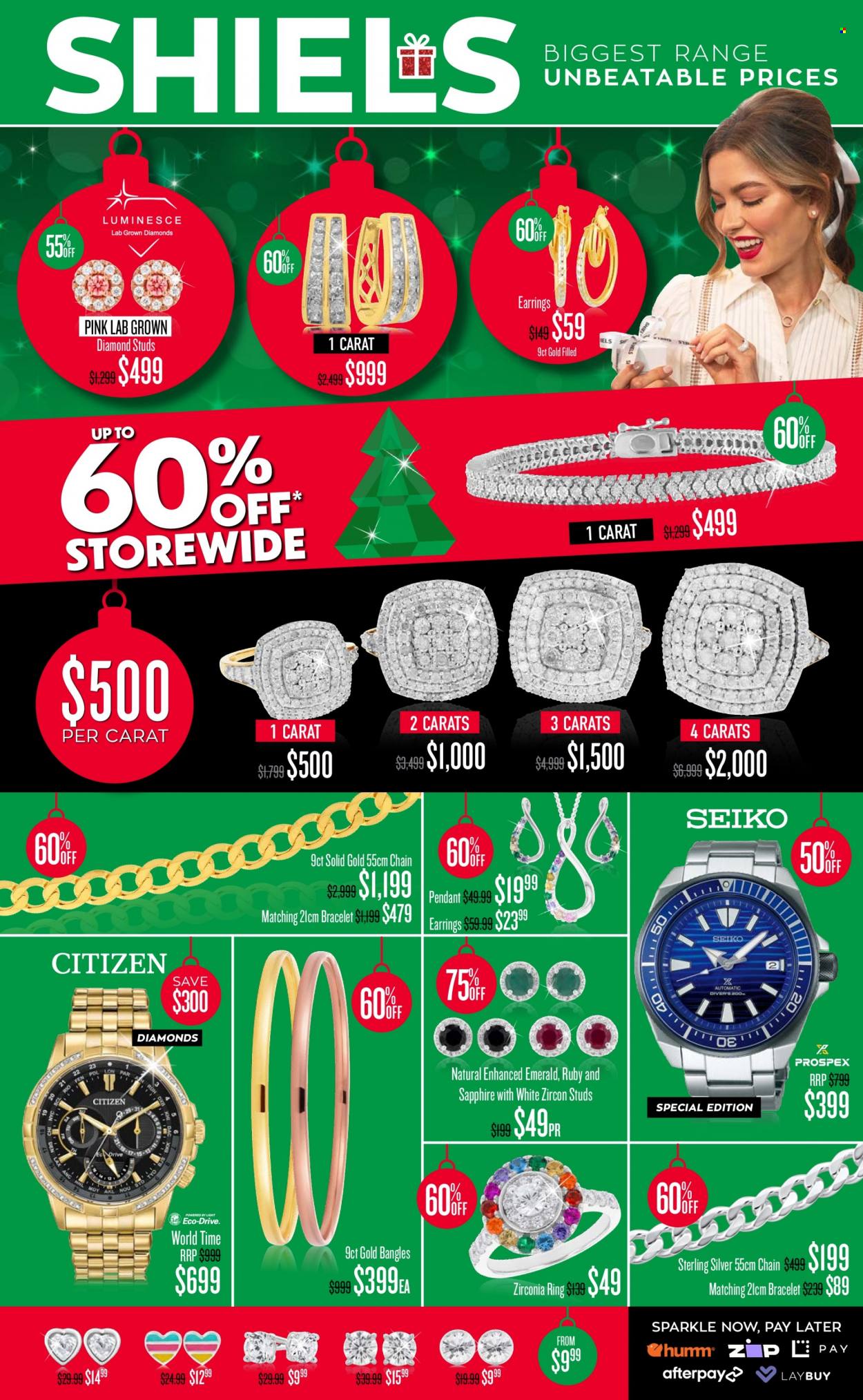 thumbnail - Shiels Catalogue - 18 Oct 2021 - 24 Dec 2021 - Sales products - bracelet, Seiko, studs, pendant, earrings. Page 1.