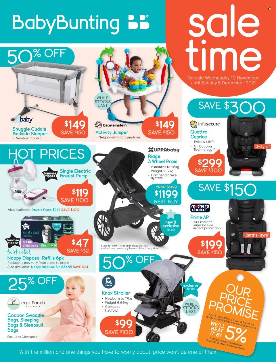 thumbnail - Baby Bunting Catalogue - 10 Nov 2021 - 5 Dec 2021 - Sales products - nappies, sweater, sleepsuit, pram, baby stroller, pump, breast pump, Baby Einstein, nappy disposal bin. Page 1.