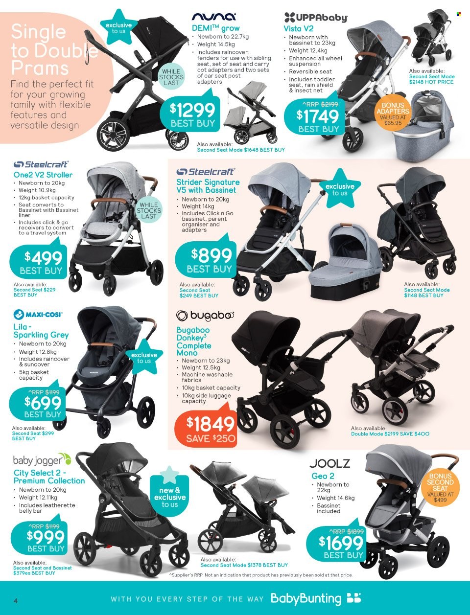 thumbnail - Baby Bunting Catalogue - 10 Nov 2021 - 5 Dec 2021 - Sales products - basket, luggage, baby stroller, carry cot, Steelcraft, Joolz, Bugaboo, Maxi-Cosi, baby car seat. Page 4.