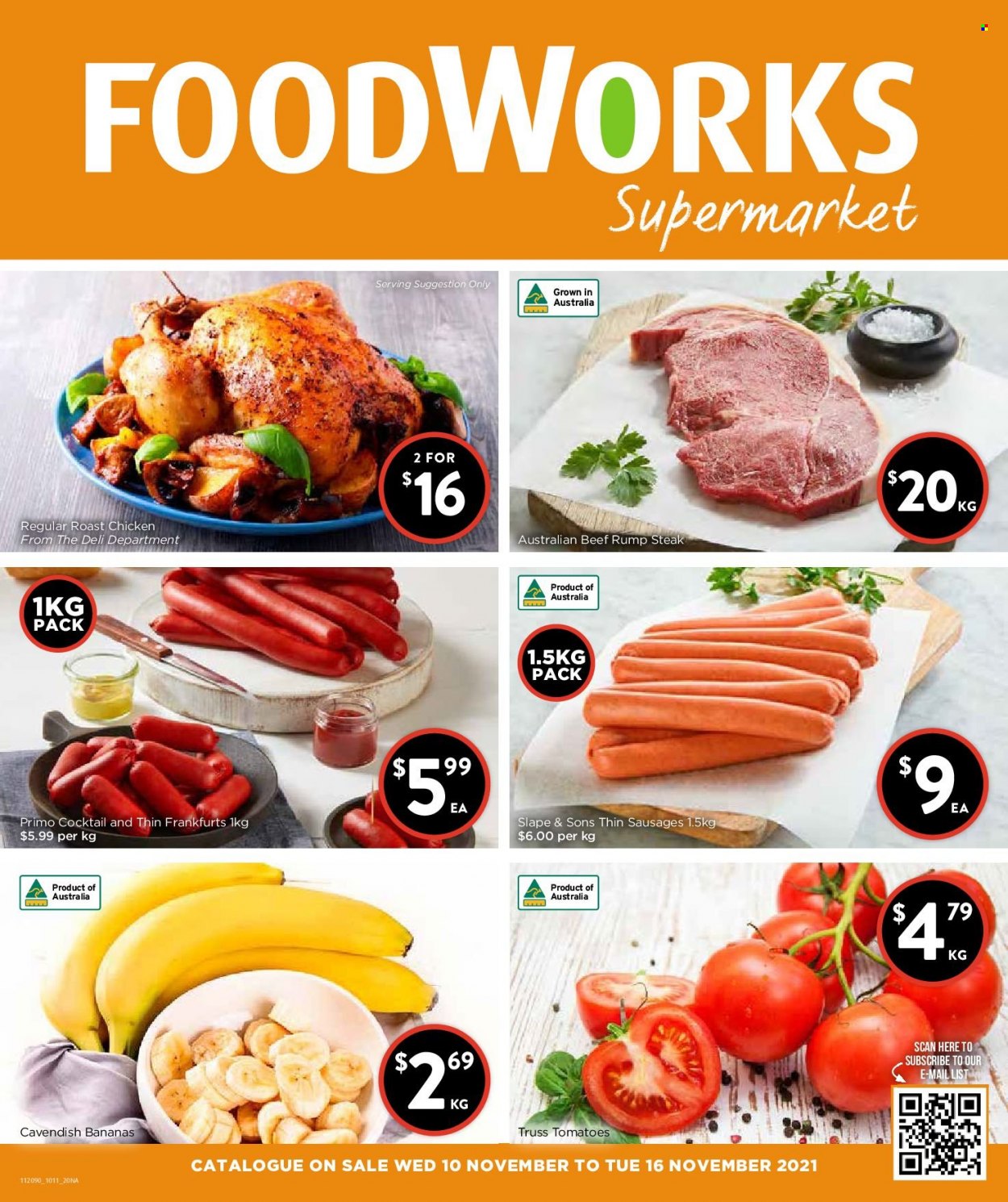 thumbnail - Foodworks Catalogue - 10 Nov 2021 - 16 Nov 2021 - Sales products - tomatoes, bananas, chicken roast, sausage, beef meat, steak, rump steak. Page 1.