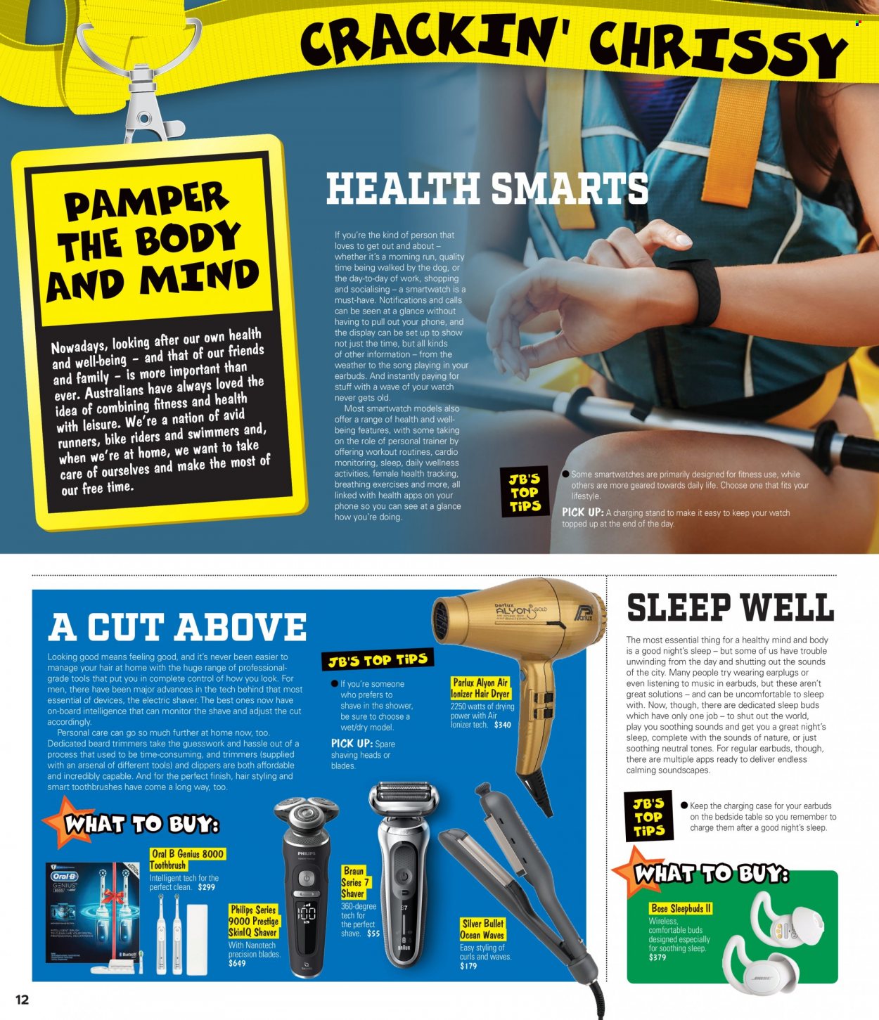 thumbnail - JB Hi-Fi Catalogue - 11 Nov 2021 - 24 Dec 2021 - Sales products - Philips, charging stand, smart watch, monitor, BOSE, earbuds, Braun, hair dryer. Page 12.
