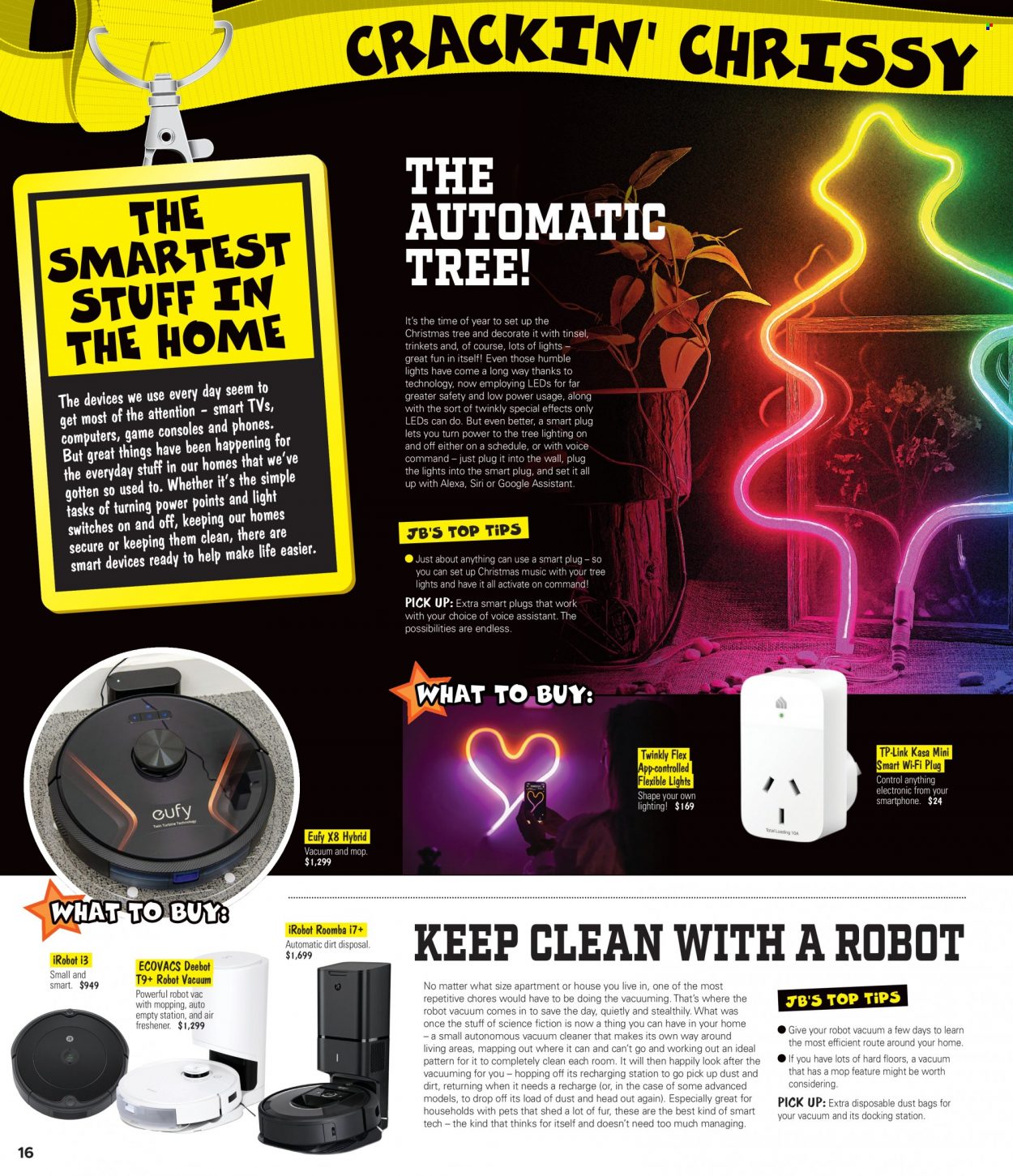 thumbnail - JB Hi-Fi Catalogue - 11 Nov 2021 - 24 Dec 2021 - Sales products - tp-link, TV, Roomba, iRobot, Ecovacs, robot vacuum, lighting, tree lights, smart plug. Page 16.