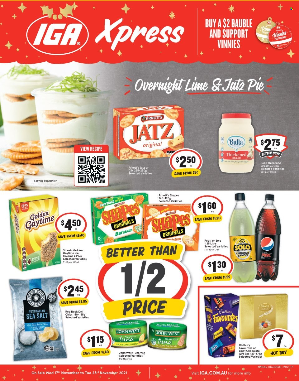 thumbnail - IGA Xpress Catalogue - 17 Nov 2021 - 23 Nov 2021 - Sales products - tuna, Golden Gaytime, chocolate, Lindt, Cadbury, chips, oil, Pepsi, bauble. Page 1.