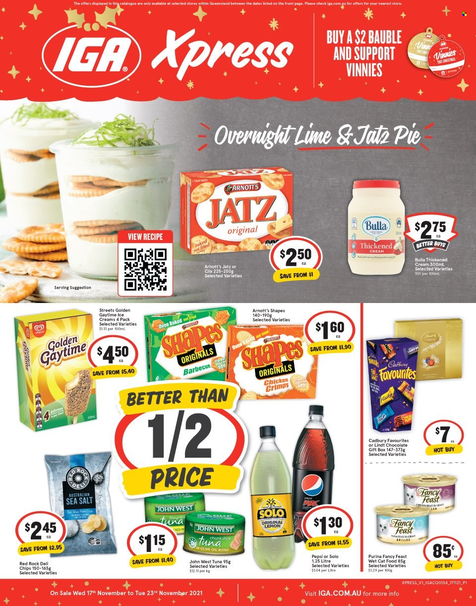 thumbnail - IGA Xpress Catalogue - 17 Nov 2021 - 23 Nov 2021 - Sales products - Golden Gaytime, chocolate, Lindt, Cadbury, chips, Pepsi, bauble, animal food, cat food, Purina, Fancy Feast, wet cat food. Page 1.