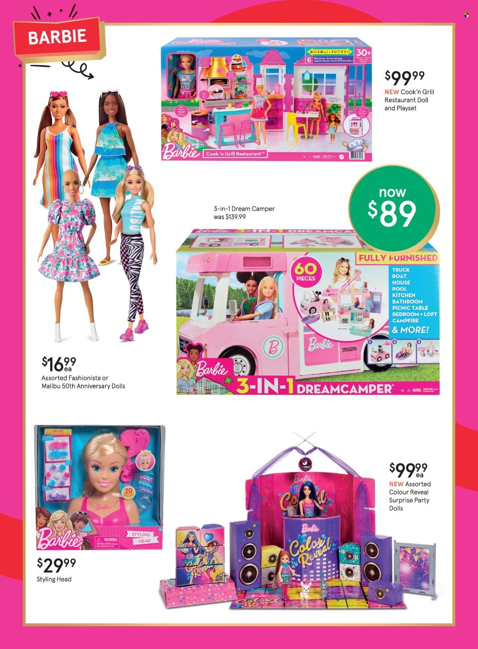 thumbnail - Myer Catalogue - 16 Nov 2021 - 23 Dec 2021 - Sales products - Barbie, Campfire, doll, play set, styling head, boat. Page 2.