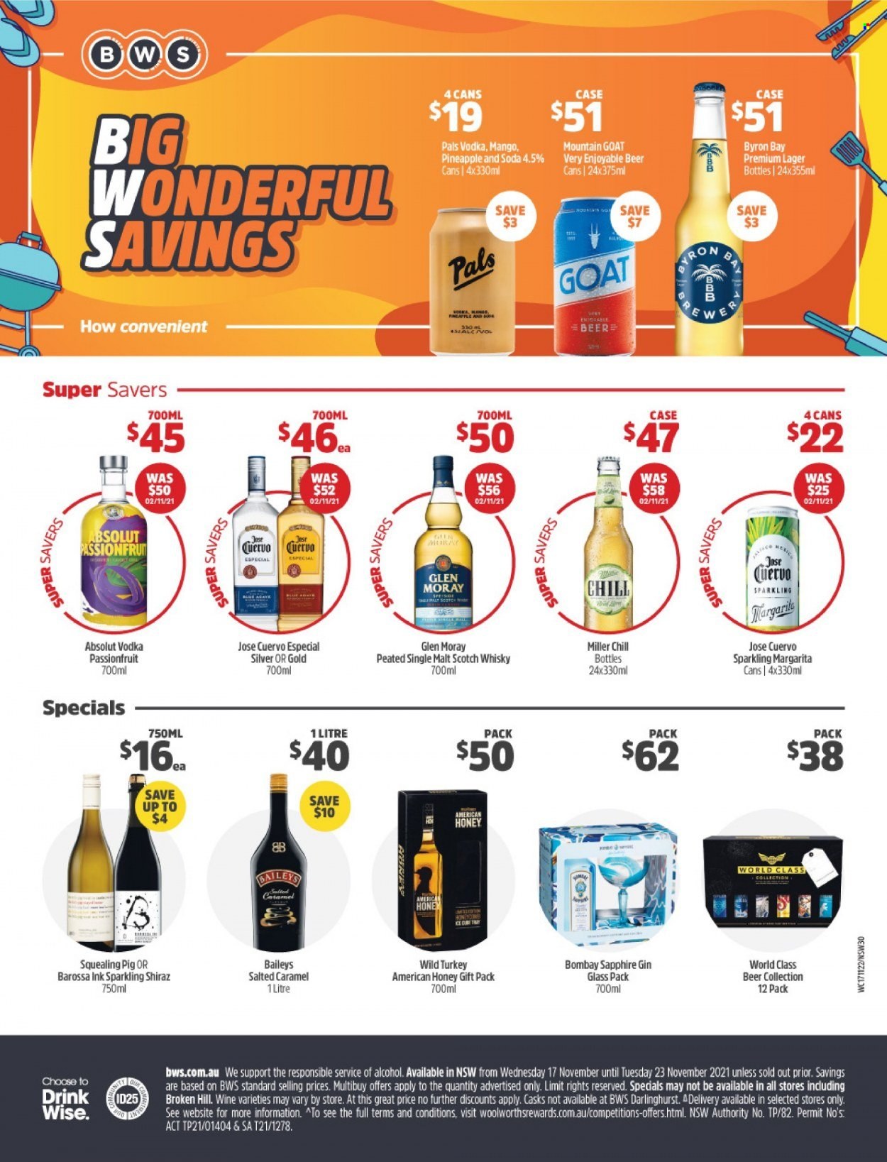 thumbnail - BWS Catalogue - 17 Nov 2021 - 23 Nov 2021 - Sales products - soda, red wine, wine, Shiraz, gin, vodka, Baileys, Absolut, Ron Pelicano, scotch whisky, whisky, beer, Miller, Lager. Page 1.