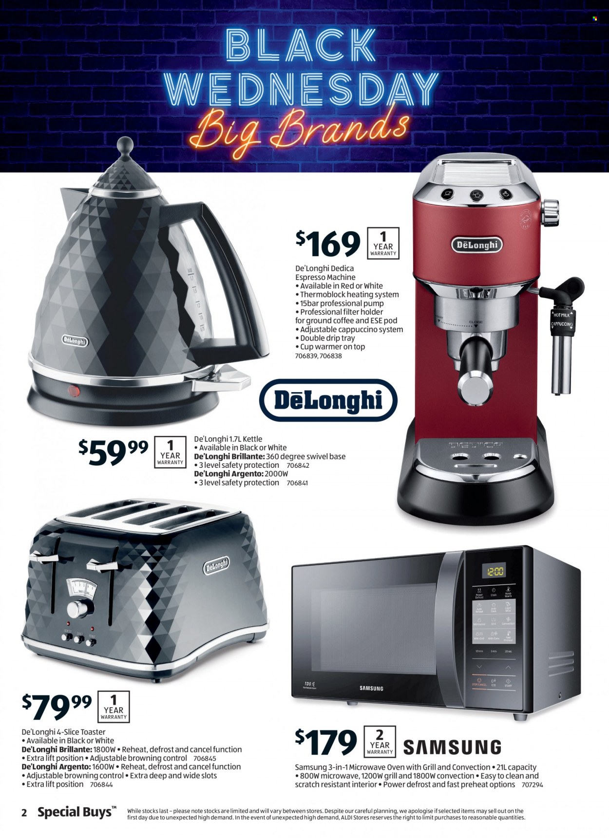 thumbnail - ALDI Catalogue - 24 Nov 2021 - 30 Nov 2021 - Sales products - kettle, cappuccino, coffee, ground coffee, cup, Samsung, coffee machine, De'Longhi, espresso maker, toaster, Browning. Page 2.
