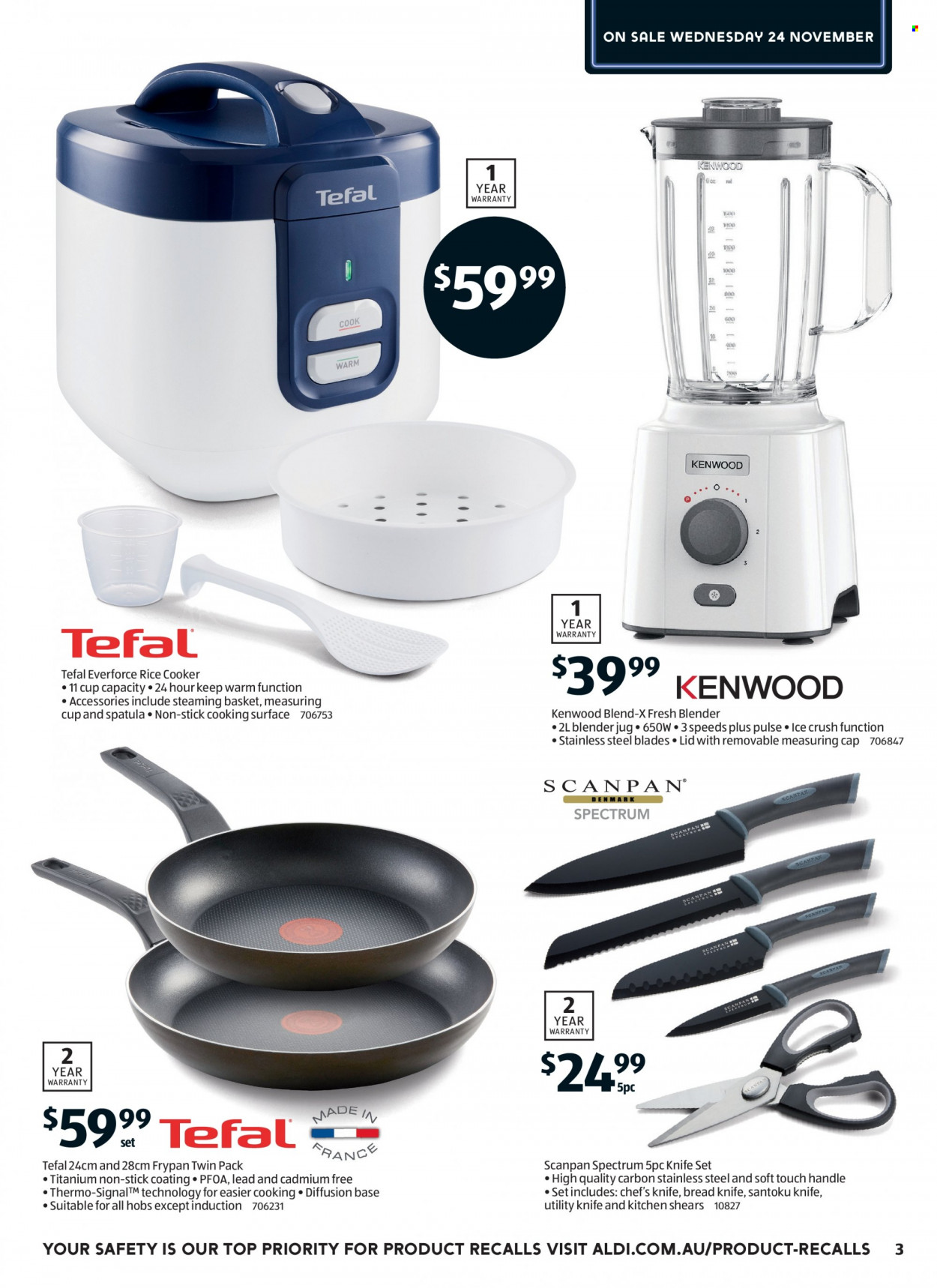 thumbnail - ALDI Catalogue - 24 Nov 2021 - 30 Nov 2021 - Sales products - Tefal, bread, basket, lid, spatula, chef’s knife, rice cooker, measuring cup, frying pan, blender, Kenwood, cap, utility knife, Spectrum. Page 3.