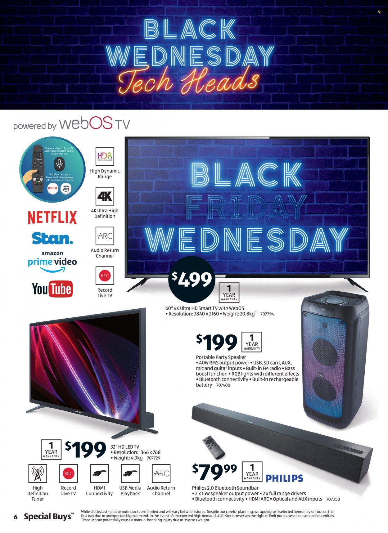 thumbnail - ALDI Catalogue - 24 Nov 2021 - 30 Nov 2021 - Sales products - Philips, Boost, rechargeable battery, guitar, memory card, LED TV, smart tv, UHD TV, ultra hd, TV, radio, speaker, sound bar. Page 6.