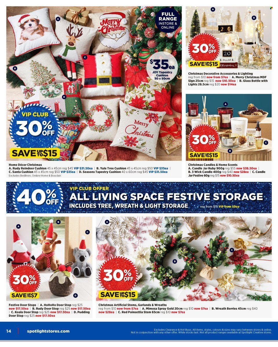 thumbnail - Spotlight Catalogue - 17 Nov 2021 - 5 Dec 2021 - Sales products - glass bottle, candle, cushion, tapestry, reindeer, wreath, lighting, poinsettia. Page 14.