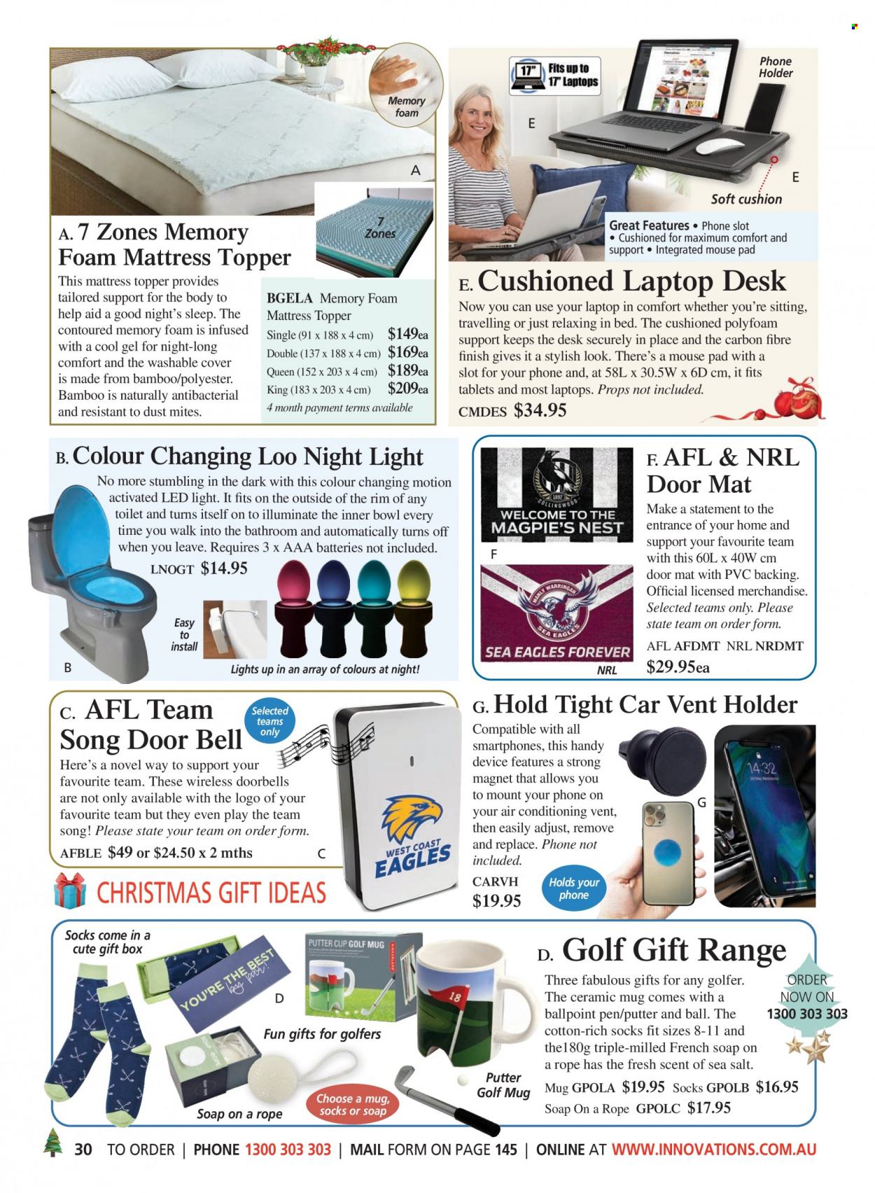 thumbnail - Innovations Catalogue - Sales products - ceramic mug, mug, pen, gift box, AAA batteries, cushion, topper, mattress protector, mouse, socks, LED light. Page 30.