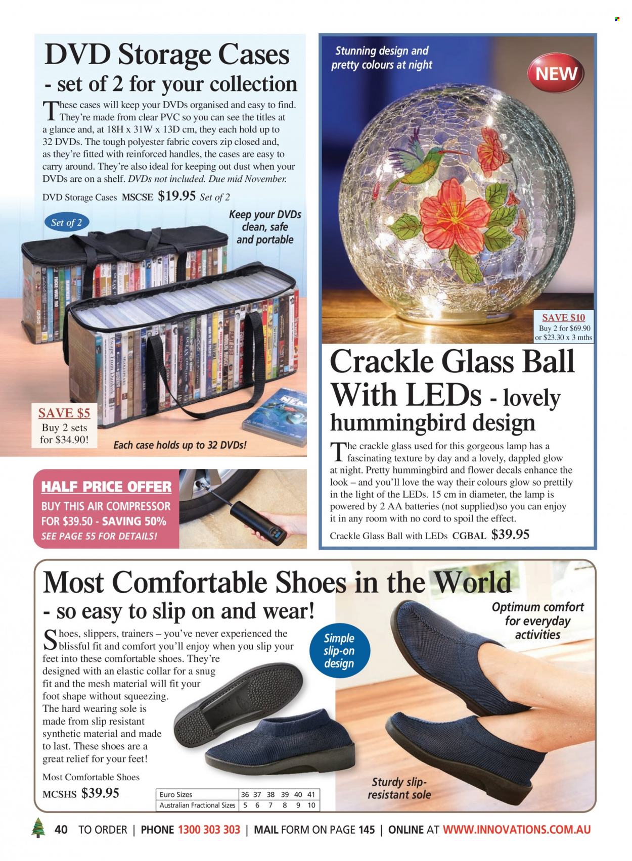 thumbnail - Innovations Catalogue - Sales products - shoes, slip-on shoes, slippers, trainers, DVD, Optimum, Snug, lamp. Page 40.