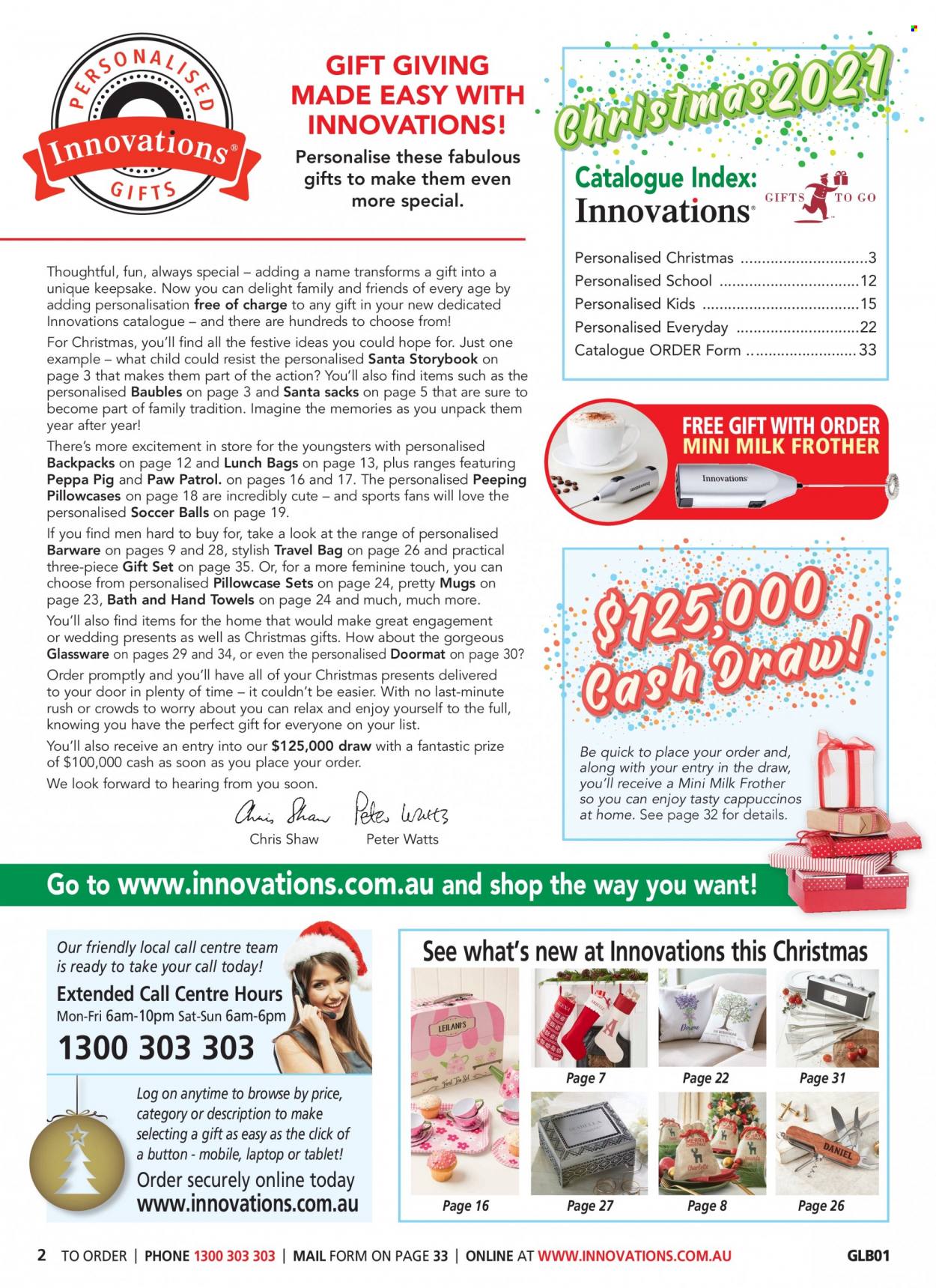 thumbnail - Innovations Catalogue - Sales products - Peppa Pig, barware, glassware set, bag, bauble, pillowcase, towel, hand towel, milk frother. Page 2.