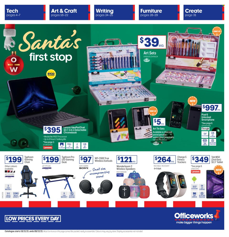 thumbnail - Officeworks Catalogue - 18 Nov 2021 - 9 Dec 2021 - Sales products - Sony, Lenovo, tablet, pencil, smartphone, Fitbit, chromebook, speaker, earbuds, desk, chair. Page 1.