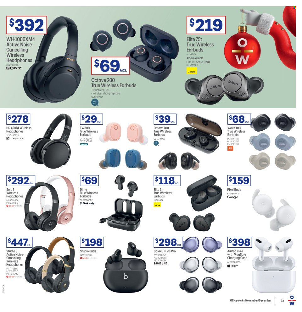 thumbnail - Officeworks Catalogue - 18 Nov 2021 - 9 Dec 2021 - Sales products - Sony, Samsung, headphones, wireless headphones, Jabra, Sennheiser, Airpods, earbuds. Page 5.