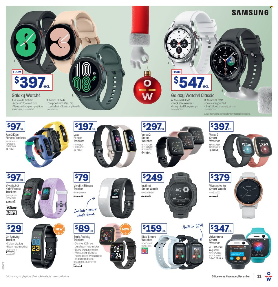 thumbnail - Officeworks Catalogue - 18 Nov 2021 - 9 Dec 2021 - Sales products - Samsung, SIM card, Garmin, activity tracker, Fitbit, fitness tracker, smart watch, monitor. Page 11.