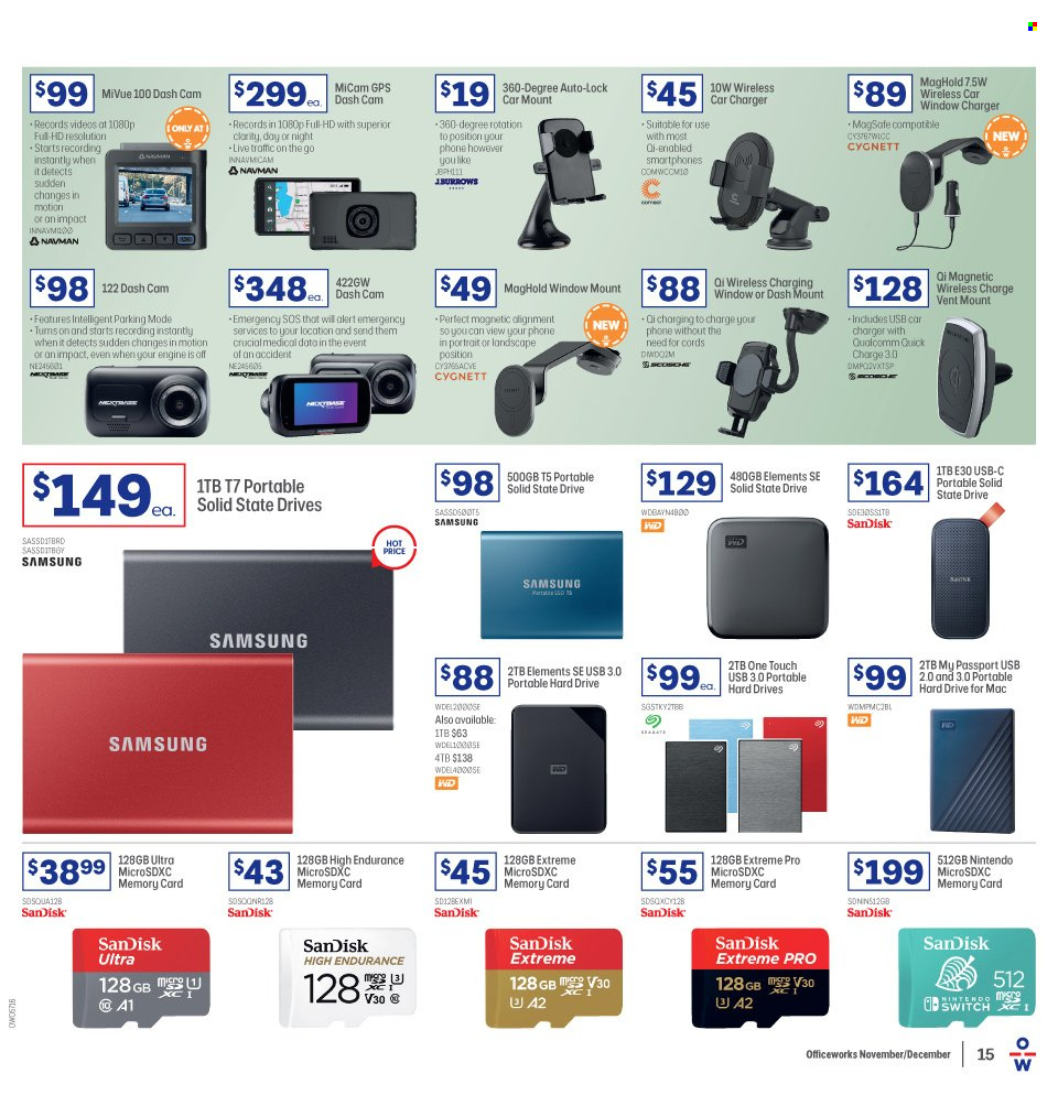 thumbnail - Officeworks Catalogue - 18 Nov 2021 - 9 Dec 2021 - Sales products - Sandisk, Samsung, memory card, hard disk, WD, portable hard drive, dashboard camera. Page 15.