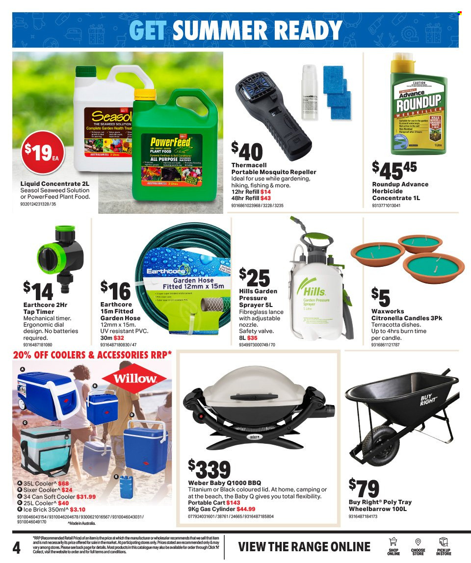 thumbnail - Mitre 10 Catalogue - 10 Nov 2021 - 28 Nov 2021 - Sales products - lid, candle, battery, timer, brick, wheelbarrow, cart, Weber, sprayer, garden hose, Roundup. Page 4.