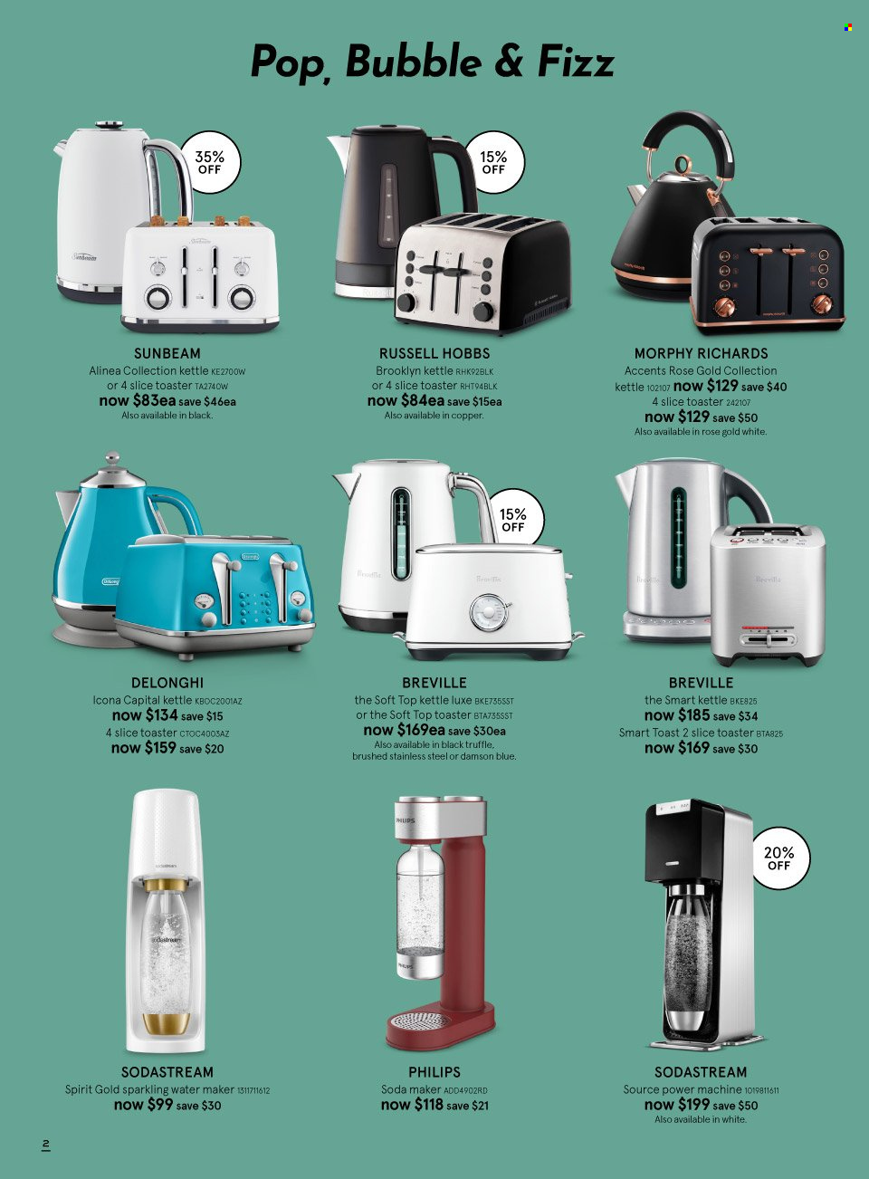 thumbnail - Myer Catalogue - Sales products - Philips, SodaStream, Sunbeam, De'Longhi, Russell Hobbs, toaster, kettle, water maker. Page 2.