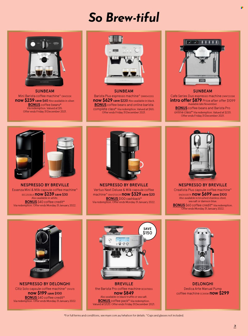 thumbnail - Myer Catalogue - Sales products - cup, Sunbeam, coffee machine, Nespresso, capsule coffee machine, De'Longhi, espresso maker. Page 3.