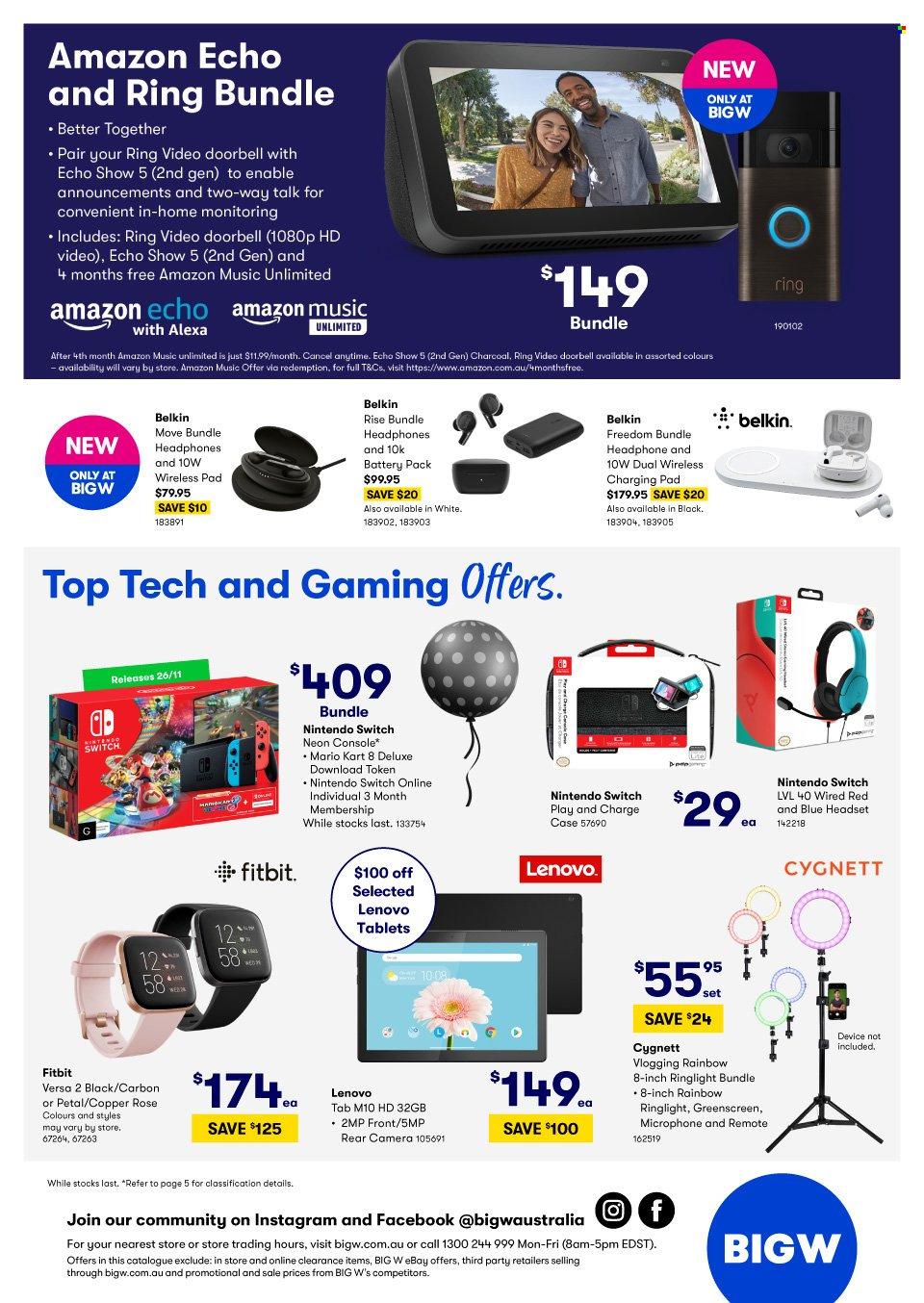thumbnail - BIG W Catalogue - 23 Nov 2021 - 29 Nov 2021 - Sales products - Nintendo Switch, Lenovo, doorbell, video doorbell, Fitbit, camera, Amazon Echo, microphone, headphones, headset, rose, charcoal. Page 30.