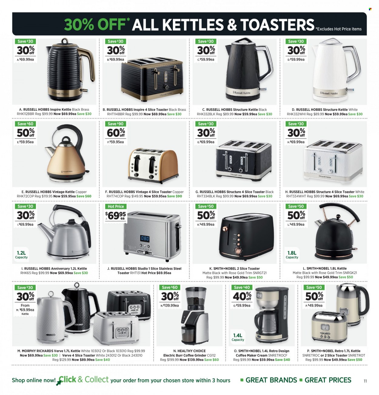 thumbnail - Harris Scarfe Catalogue - Sales products - coffee grinder, Smith+Nobel, coffee machine, Russell Hobbs, toaster, kettle, grinder. Page 13.