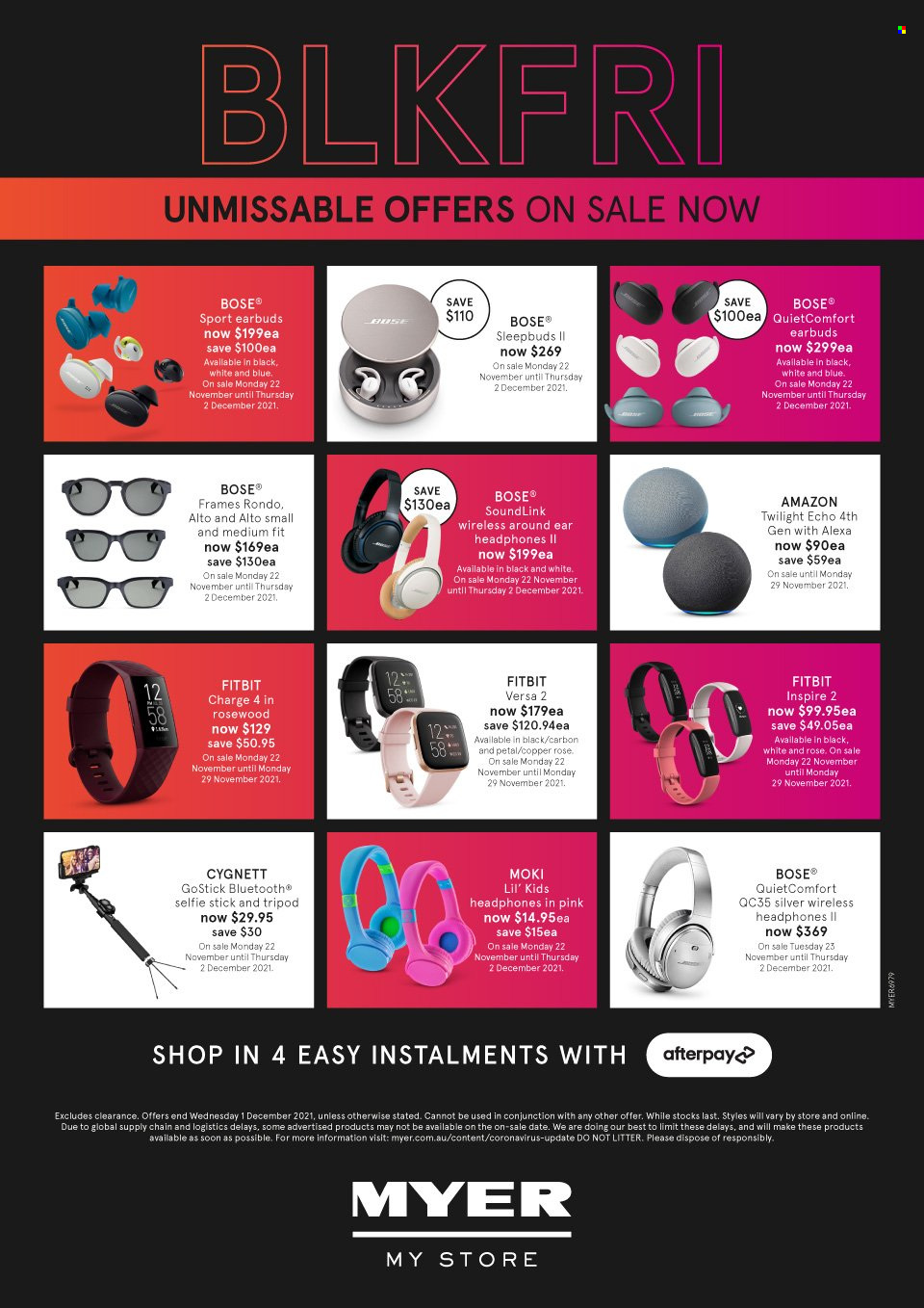 thumbnail - Myer Catalogue - 22 Nov 2021 - 1 Dec 2021 - Sales products - Fitbit, tripod, selfie stick, BOSE, headphones, earbuds. Page 3.