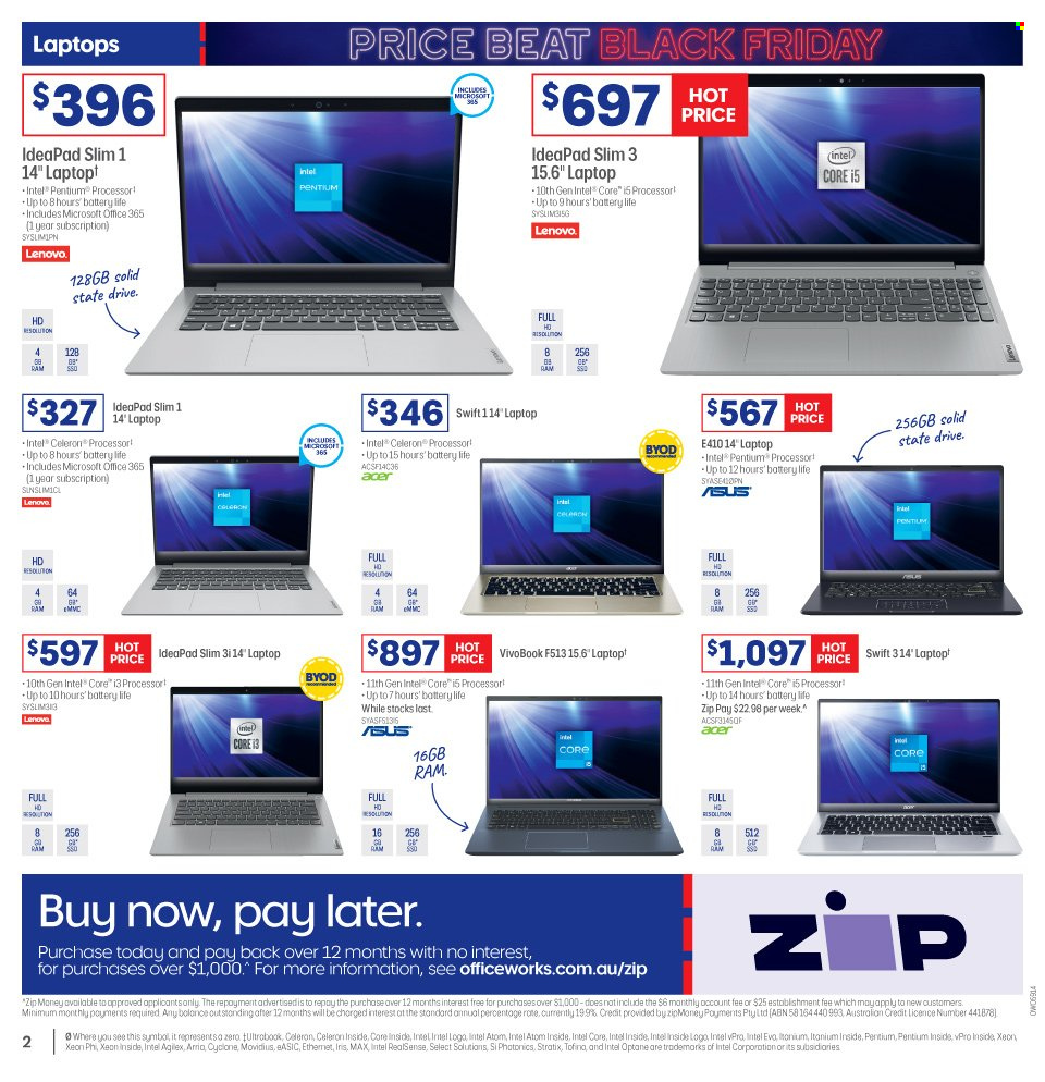 thumbnail - Officeworks Catalogue - 22 Nov 2021 - 29 Nov 2021 - Sales products - Intel, Acer, Asus, Lenovo, laptop. Page 2.