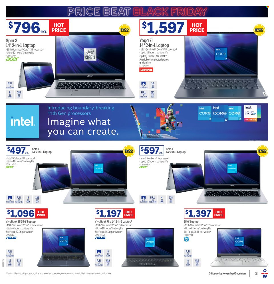 thumbnail - Officeworks Catalogue - 22 Nov 2021 - 29 Nov 2021 - Sales products - Intel, Acer, Asus, Lenovo, laptop. Page 3.