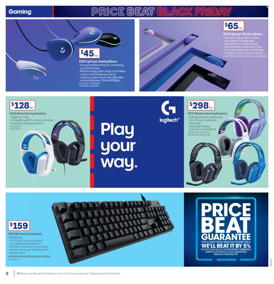 thumbnail - Officeworks Catalogue - 22 Nov 2021 - 29 Nov 2021 - Sales products - gaming mouse, keyboard, smartphone, computer, Logitech, mouse. Page 8.