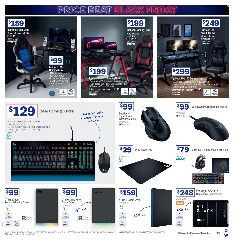 thumbnail - Officeworks Catalogue - 22 Nov 2021 - 29 Nov 2021 - Sales products - Razer, holder, keyboard, Seagate, WD, mouse, mouse pad, Xbox One, PlayStation, Xbox, PlayStation 4, headset, remote control, desk, chair. Page 11.