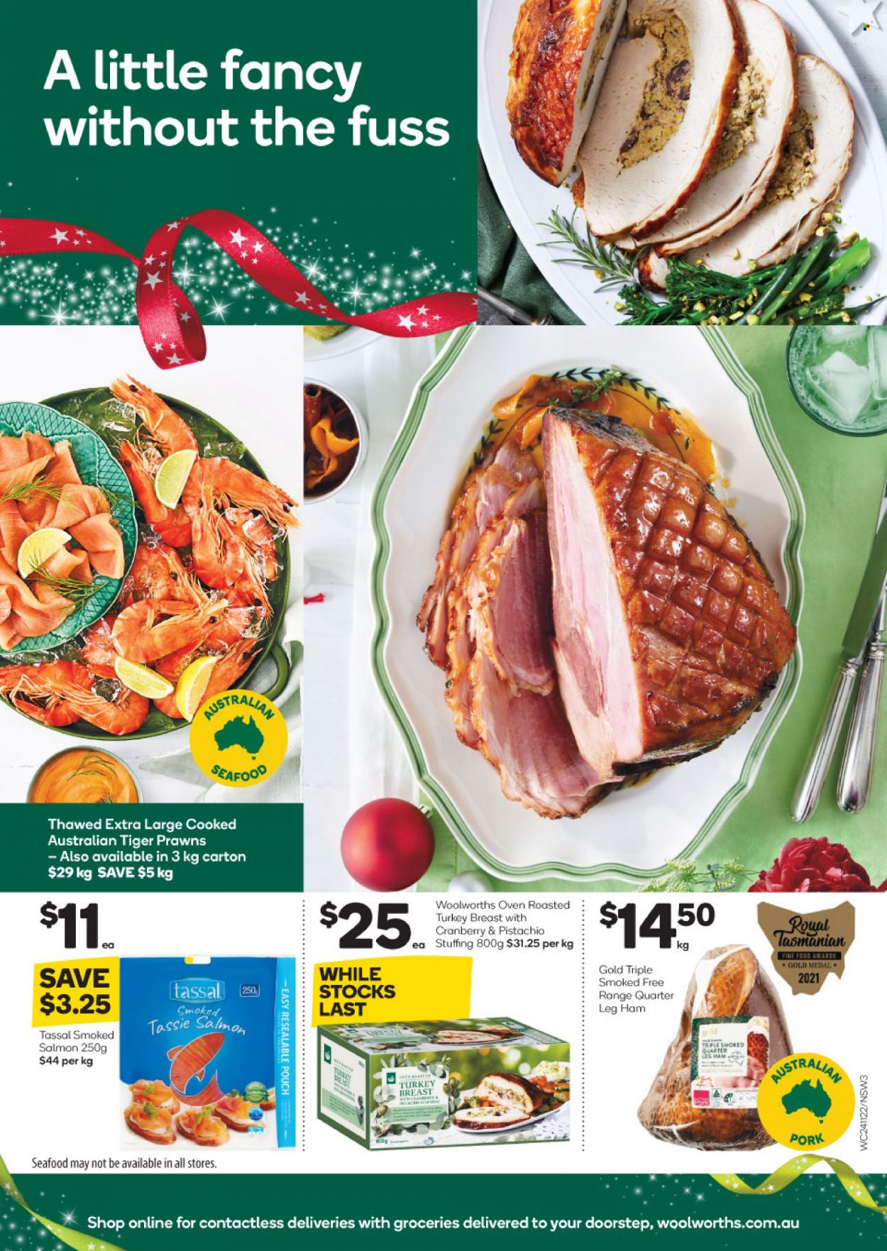 thumbnail - Woolworths Catalogue - 24 Nov 2021 - 30 Nov 2021 - Sales products - salmon, smoked salmon, seafood, prawns, ham, leg ham, turkey breast. Page 3.