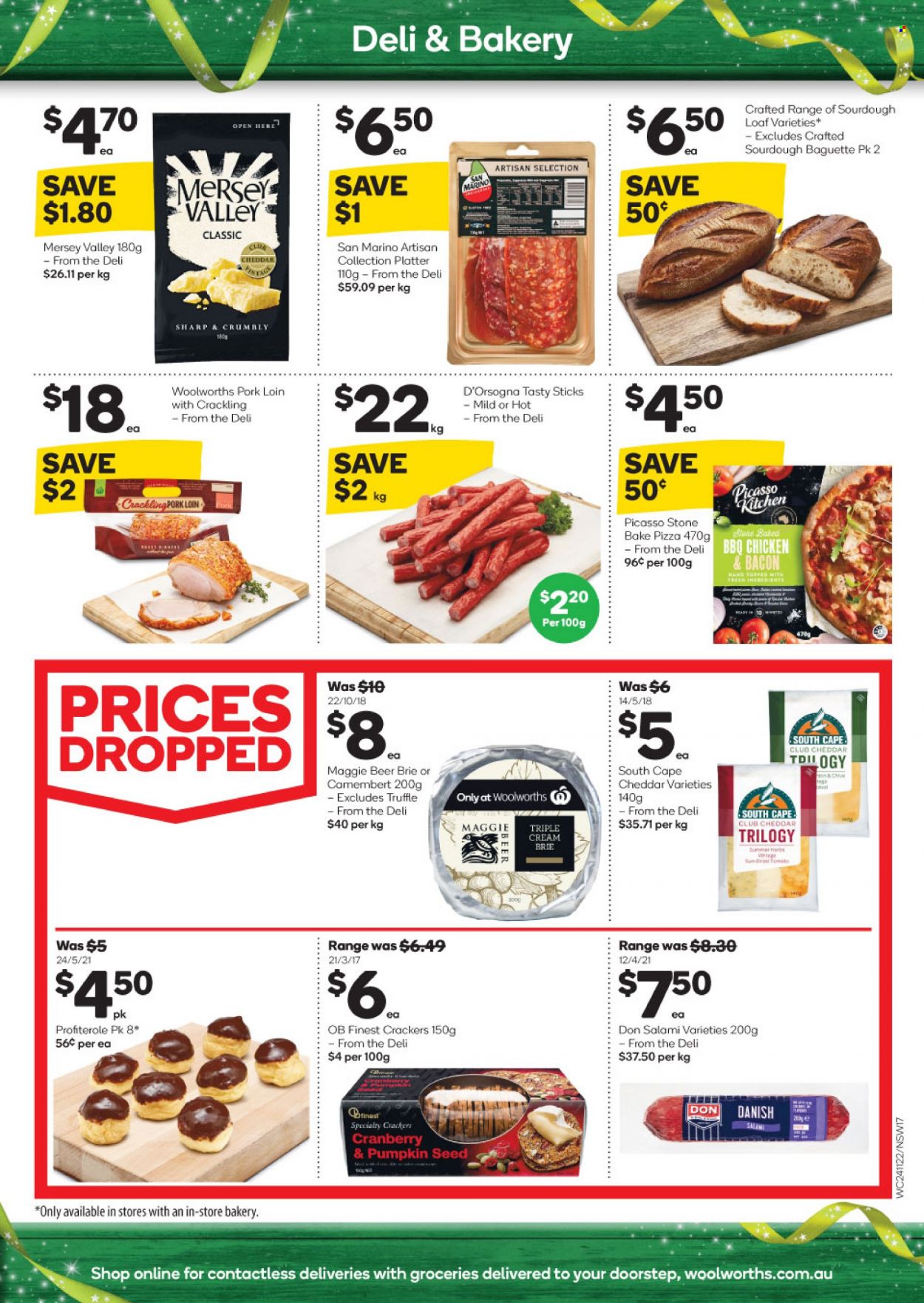 thumbnail - Woolworths Catalogue - 24 Nov 2021 - 30 Nov 2021 - Sales products - baguette, pizza, bacon, salami, camembert, cheddar, brie, Mersey Valley, truffles, crackers, beer, pork loin, pork meat, Sharp. Page 17.