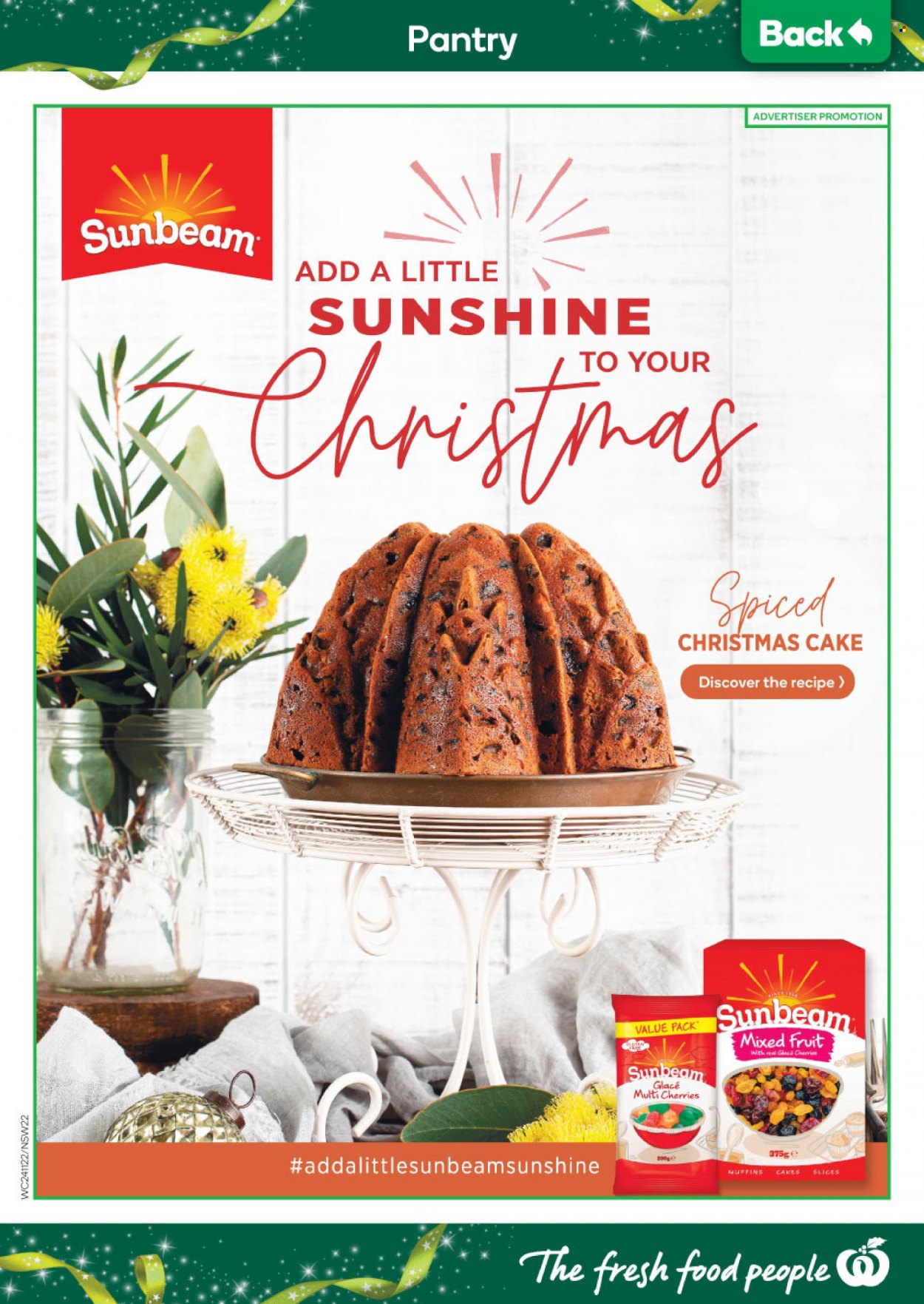 thumbnail - Woolworths Catalogue - 24 Nov 2021 - 30 Nov 2021 - Sales products - cake, christmas cake, muffin, cherries, Sunshine, Sunbeam. Page 22.