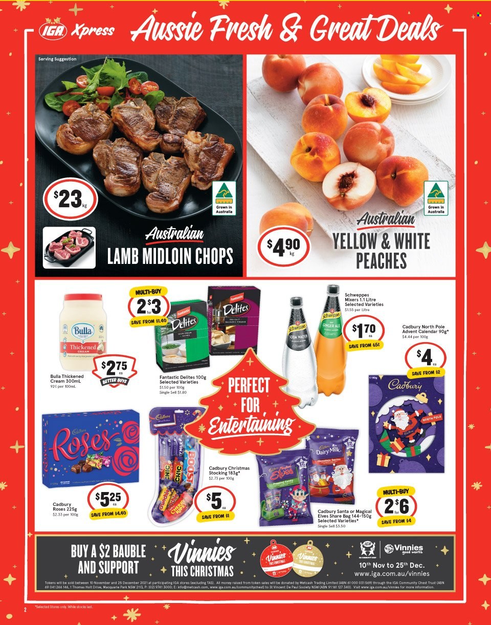 thumbnail - IGA Xpress Catalogue - 24 Nov 2021 - 30 Nov 2021 - Sales products - peaches, advent calendar, Santa, Cadbury, Cadbury Roses, Dairy Milk, Schweppes, Aussie, calendar, bauble. Page 2.