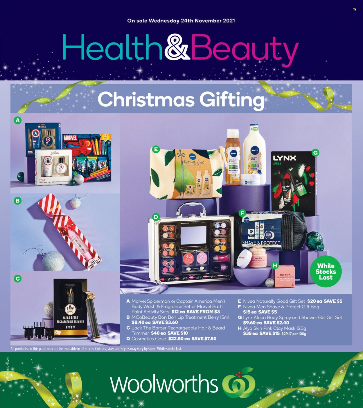 thumbnail - Woolworths Catalogue - 24 Nov 2021 - 30 Nov 2021 - Sales products - gift set, Spiderman, Nivea, body wash, shower gel, body spray, fragrance, trimmer, gift bag. Page 1.