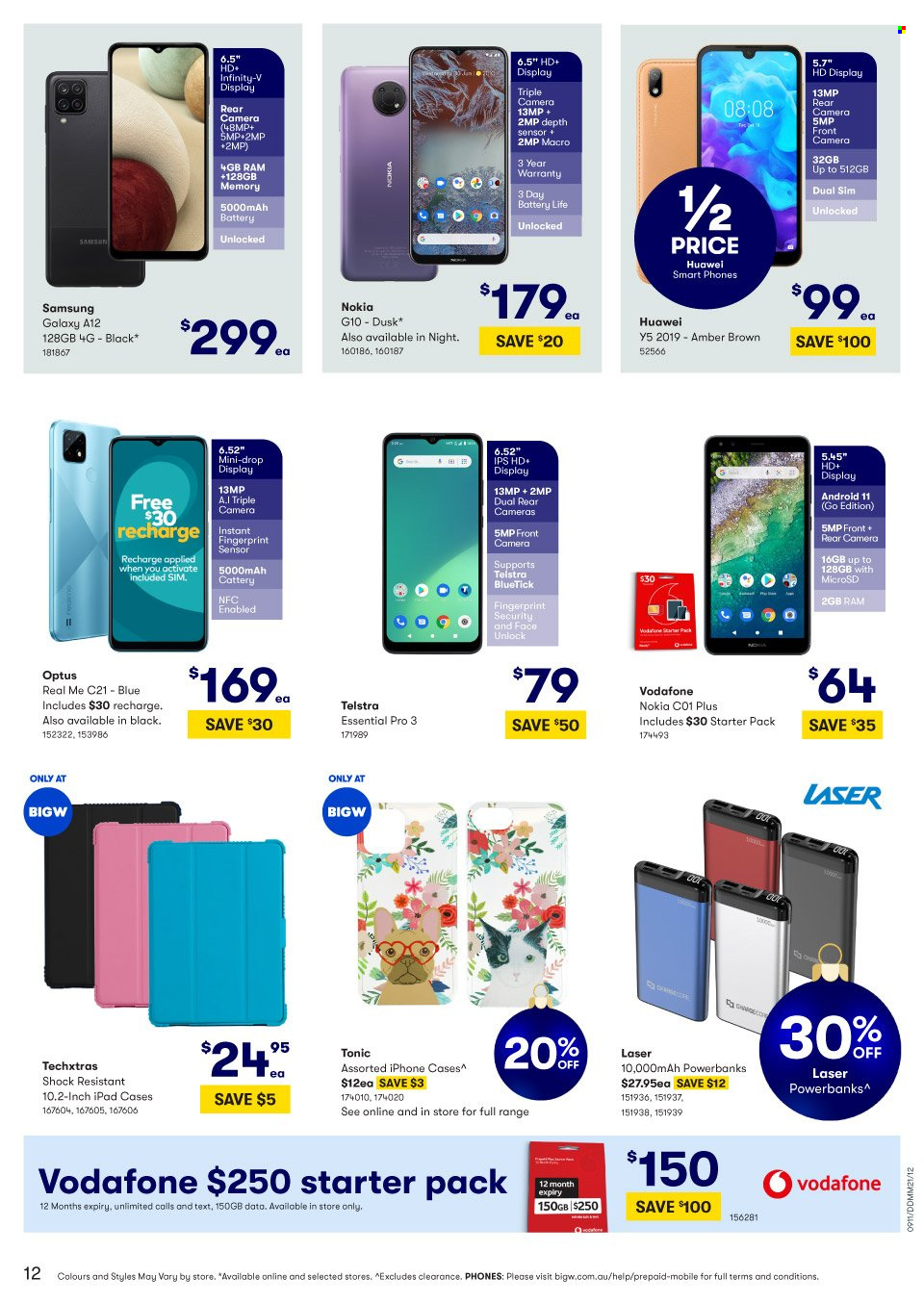 thumbnail - BIG W Catalogue - Sales products - Huawei, Samsung Galaxy, tonic, Infinity, Samsung, Nokia, iPhone, Samsung Galaxy A, Samsung Galaxy A12, Optus. Page 12.