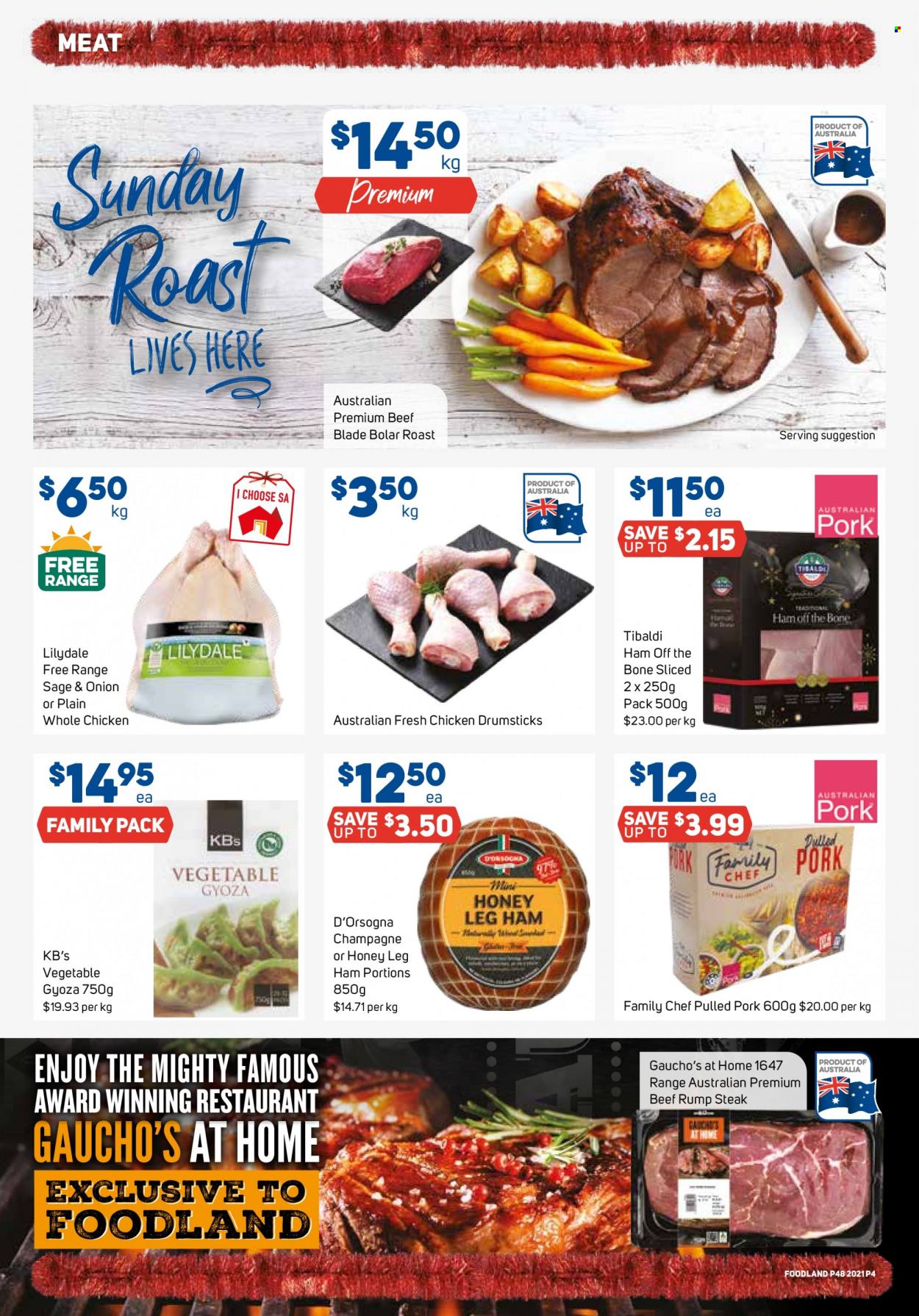 thumbnail - Foodland Catalogue - 24 Nov 2021 - 30 Nov 2021 - Sales products - pulled pork, ham, ham off the bone, leg ham, whole chicken, chicken drumsticks, beef meat, steak, rump steak, pork meat. Page 4.