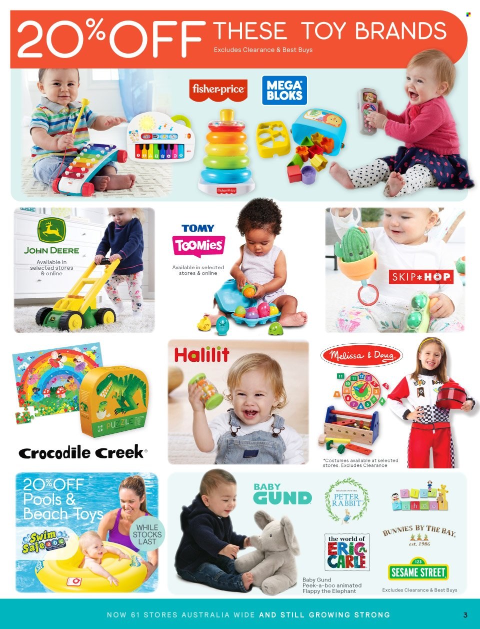 thumbnail - Baby Bunting Catalogue - 12 Nov 2021 - 5 Dec 2021 - Sales products - John Deere, costume, Mega Bloks, toys, puzzle, Fisher-Price, crocodile. Page 3.