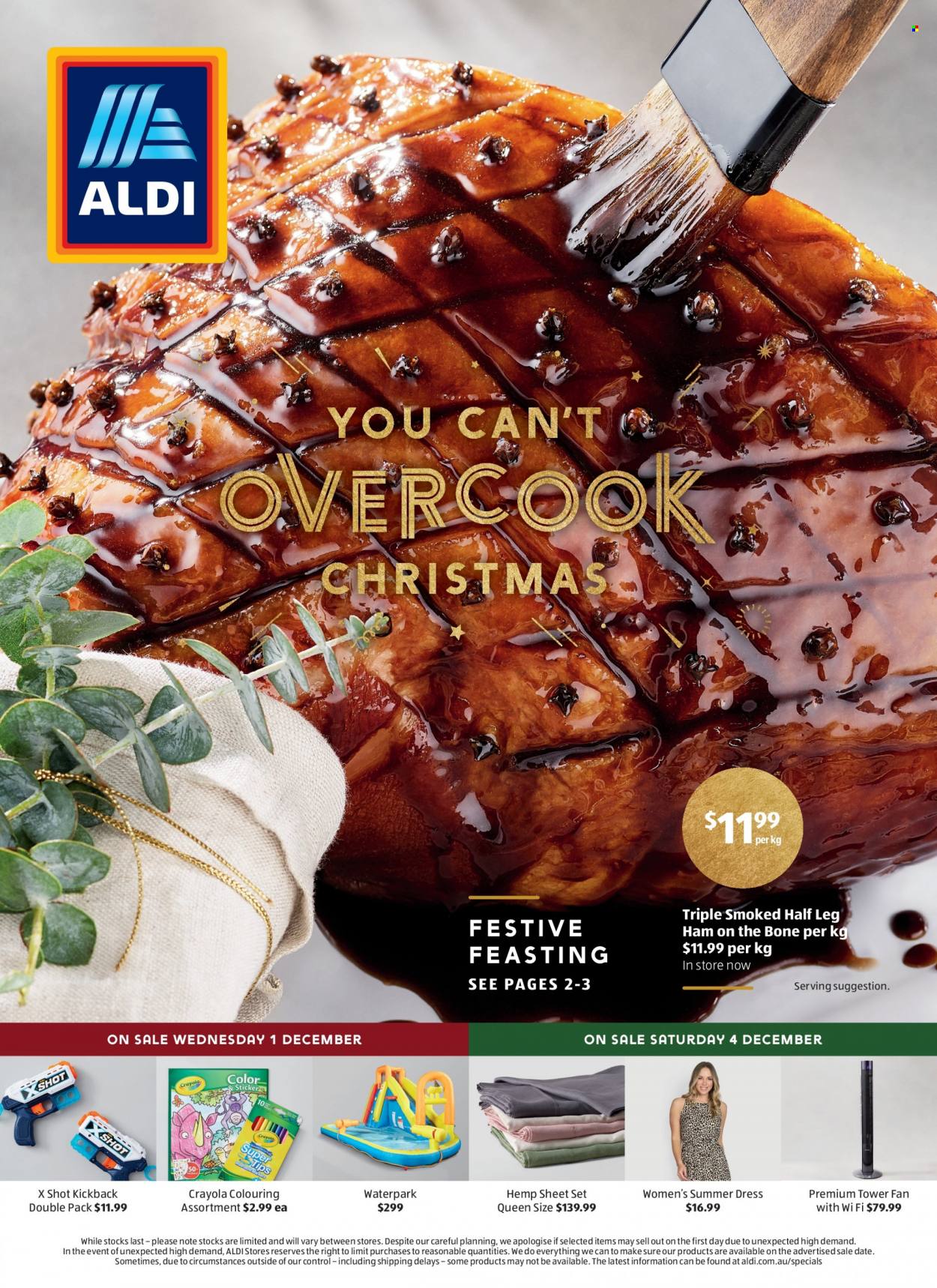 thumbnail - ALDI Catalogue - 1 Dec 2021 - 7 Dec 2021 - Sales products - ham, leg ham, crayons, stand fan, dress. Page 1.