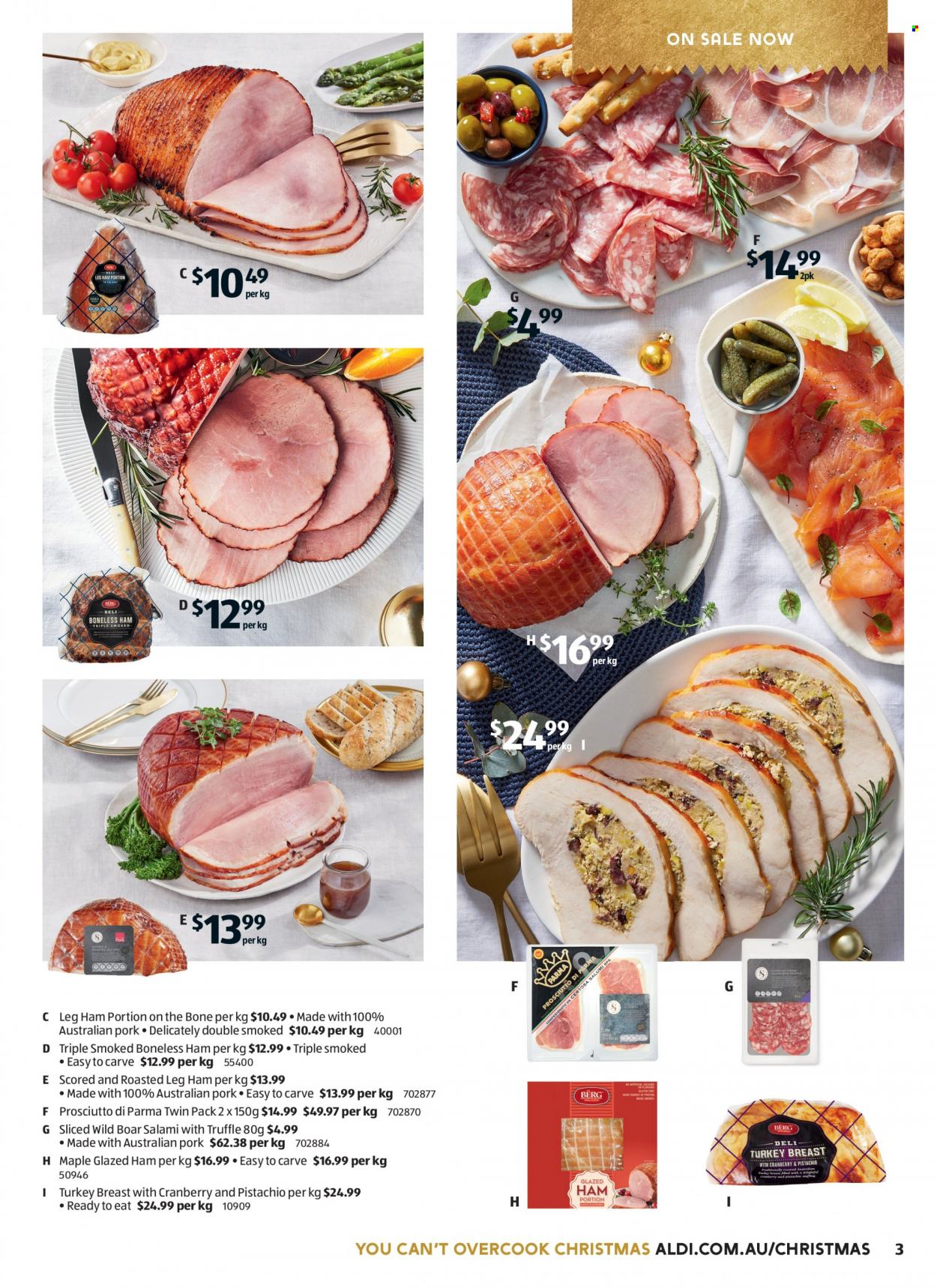 thumbnail - ALDI Catalogue - 1 Dec 2021 - 7 Dec 2021 - Sales products - boar meat, salami, ham, prosciutto, leg ham, truffles, turkey breast. Page 3.