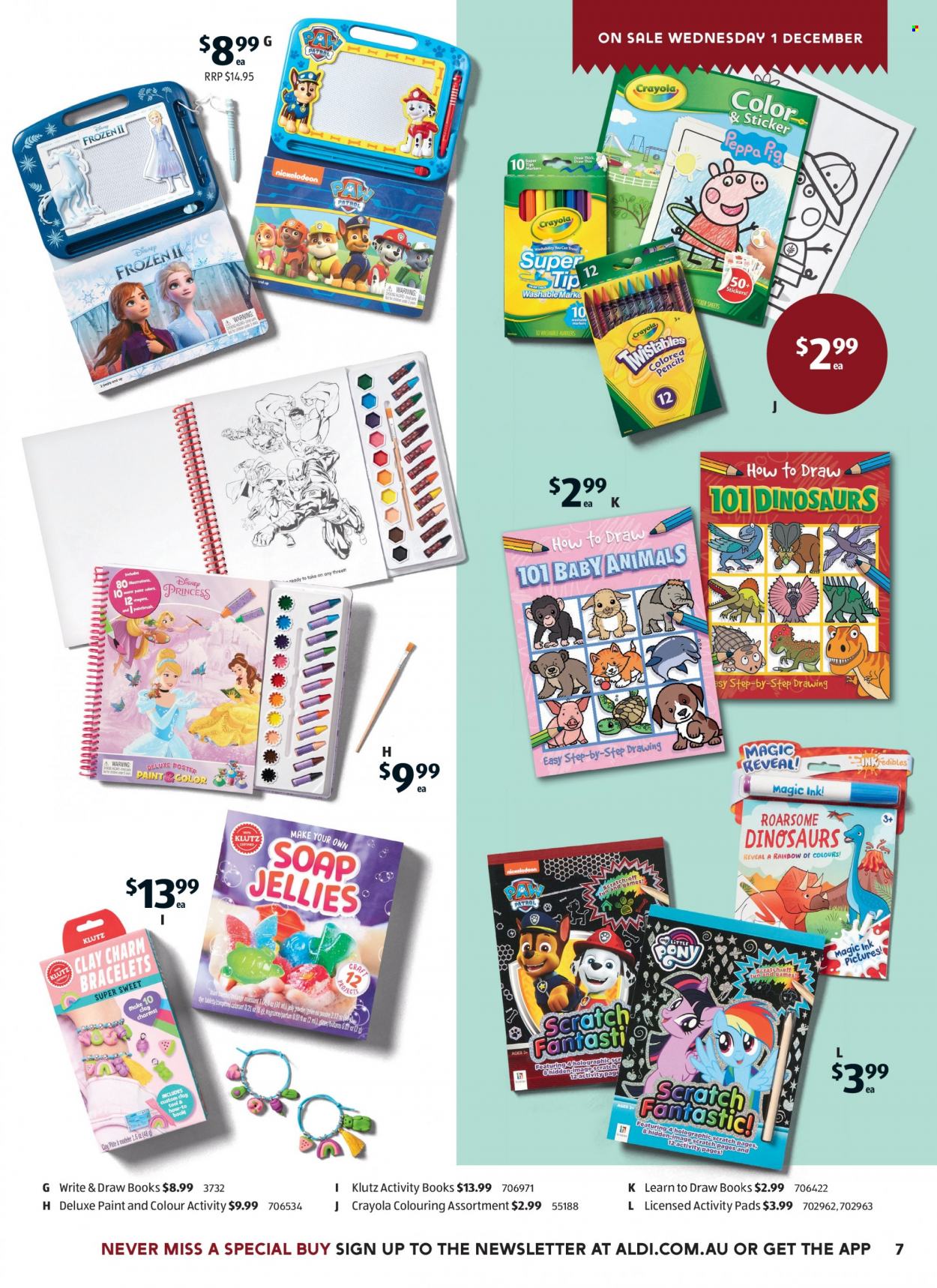 thumbnail - ALDI Catalogue - 1 Dec 2021 - 7 Dec 2021 - Sales products - Disney, Paw Patrol, soap, crayons, sticker, drawing book, pencil, book, bracelet, My Little Pony, princess. Page 7.