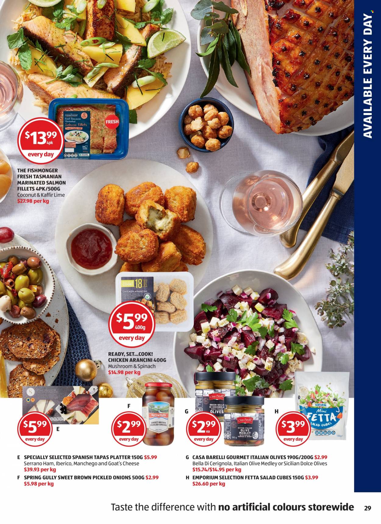 thumbnail - ALDI Catalogue - 1 Dec 2021 - 7 Dec 2021 - Sales products - mushrooms, Bella, garlic, onion, peppers, salmon, salmon fillet, Fishmonger, ham, Manchego, cheese, olives. Page 29.