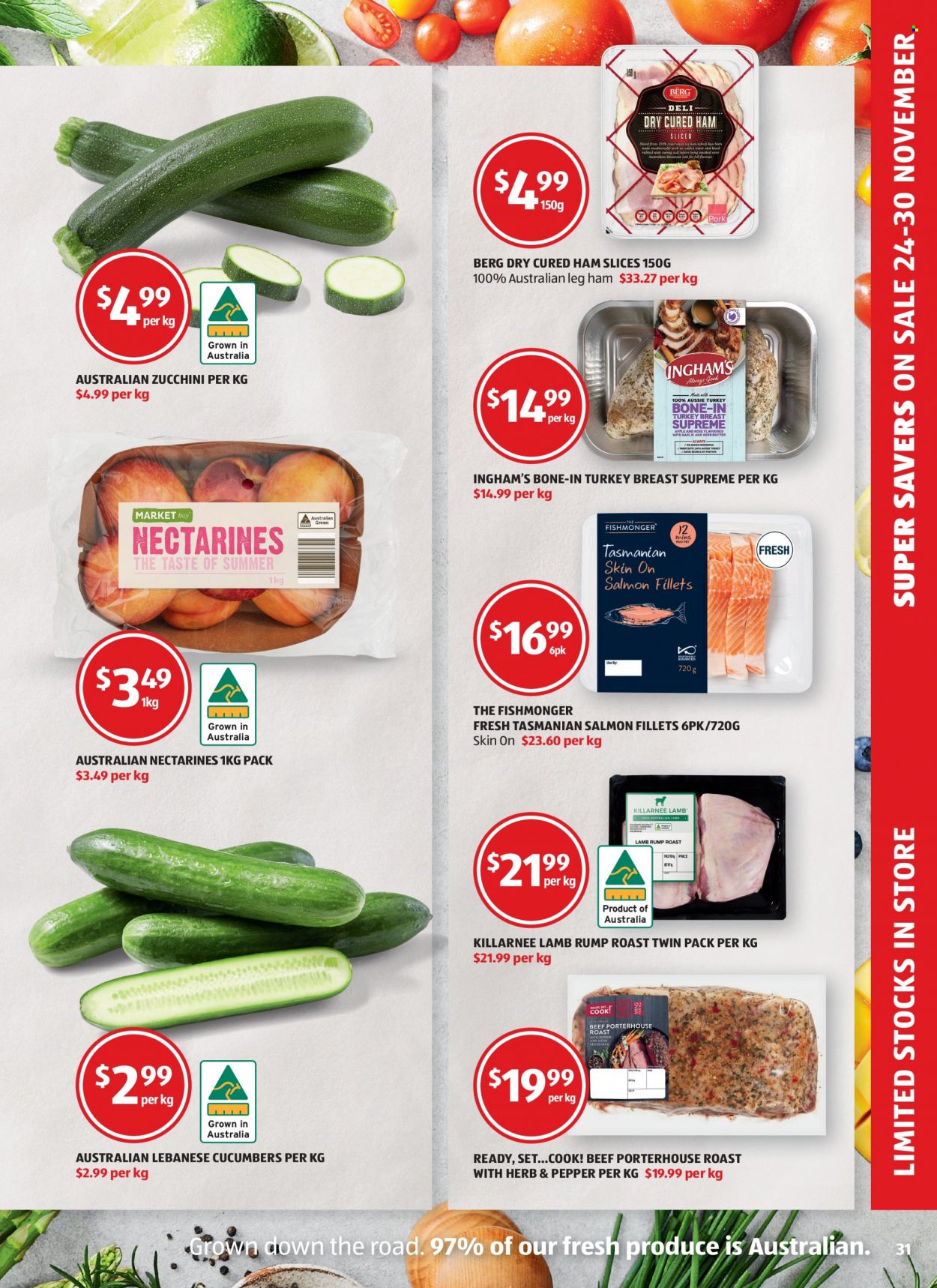 thumbnail - ALDI Catalogue - 1 Dec 2021 - 7 Dec 2021 - Sales products - cucumber, zucchini, nectarines, salmon, salmon fillet, Fishmonger, ham, leg ham, herbs, turkey breast. Page 31.