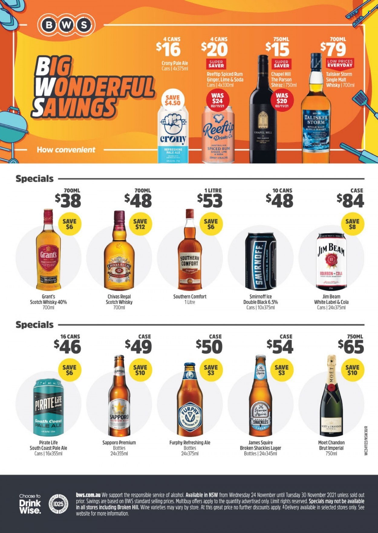 thumbnail - BWS Catalogue - 24 Nov 2021 - 30 Nov 2021 - Sales products - soda, red wine, wine, Moët & Chandon, Shiraz, bourbon, rum, Smirnoff, spiced rum, Grant's, Chivas Regal, Jim Beam, scotch whisky, whisky, beer, Lager. Page 1.